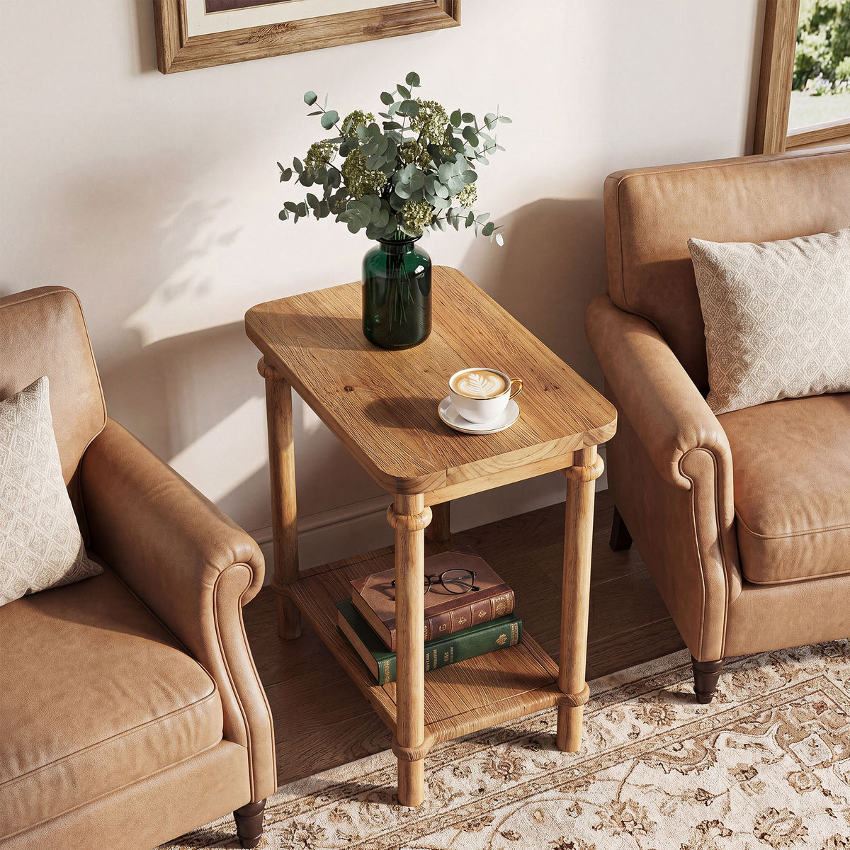 2-Tier Solid Wood Side Table with Storage Shelf, Space-Saving End Table for Living Room and Bedroom