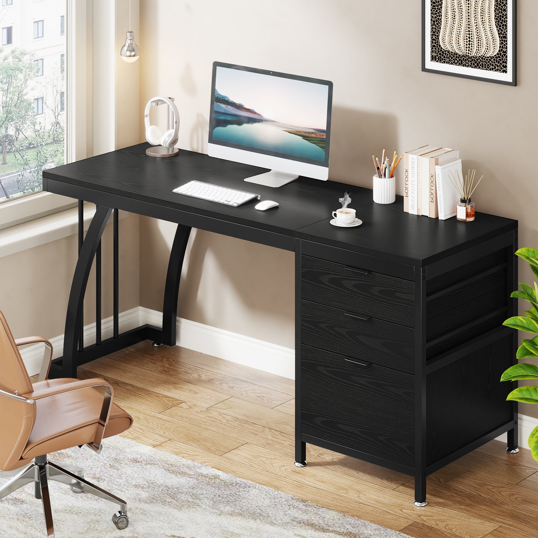 Tribesigns 59 Inch Computer Desk with Reversible 3-Drawer Storage, Industrial Desk for Home Office
