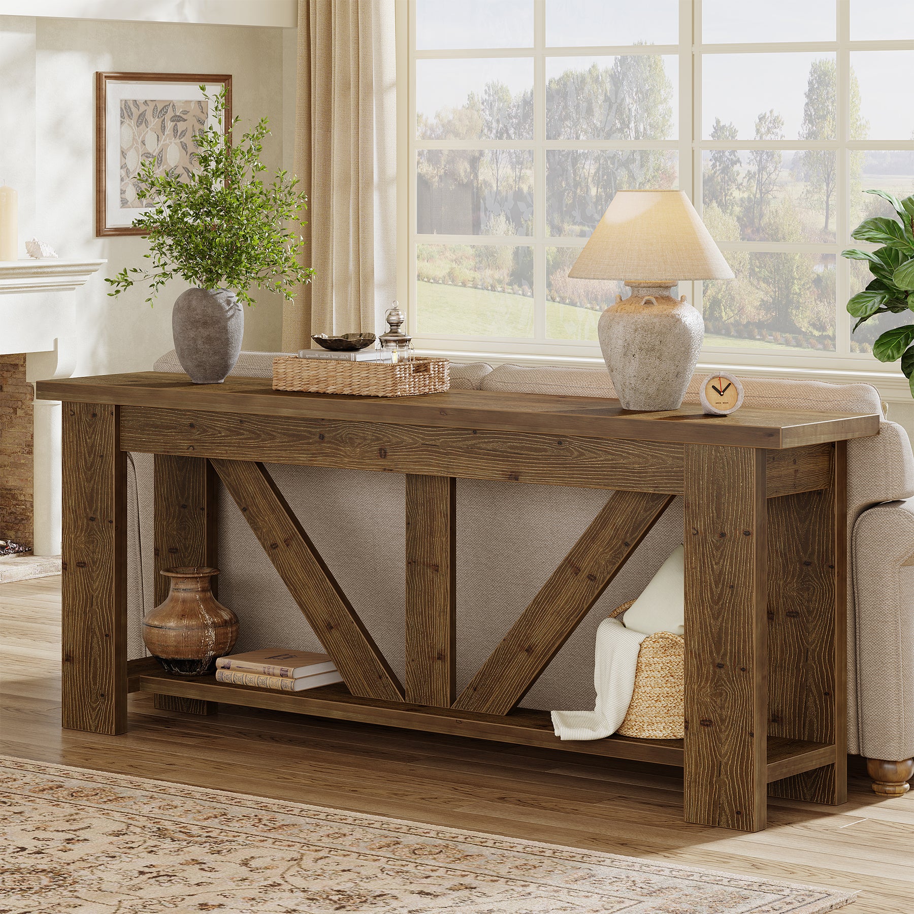 70.9-Inch Solid Wood Console Table with Triangular Base, 2-Tier Sofa Table for Hallway