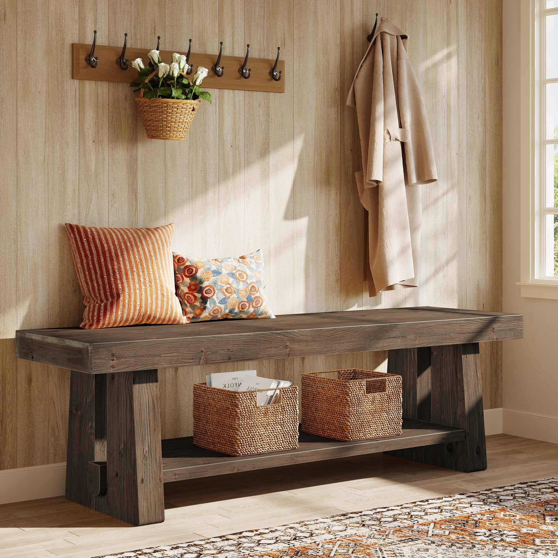 Tribesigns 63-Inch Solid Wood Farmhouse Bench with 2-Tier Open Shoe Storage
