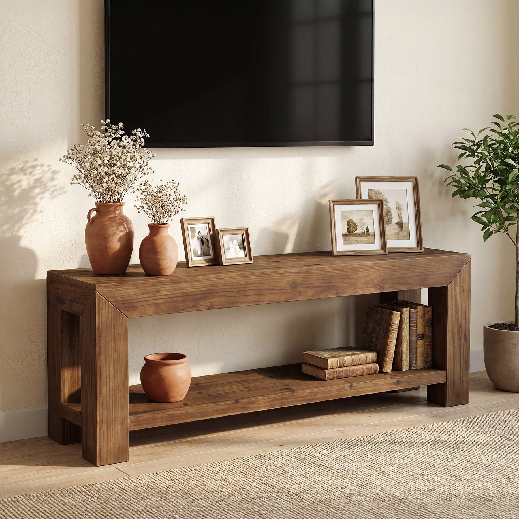 Tribesigns 63-Inch Solid Wood TV Stand for TVs up to 75 Inches with 2-Tier Open Storage Shelves