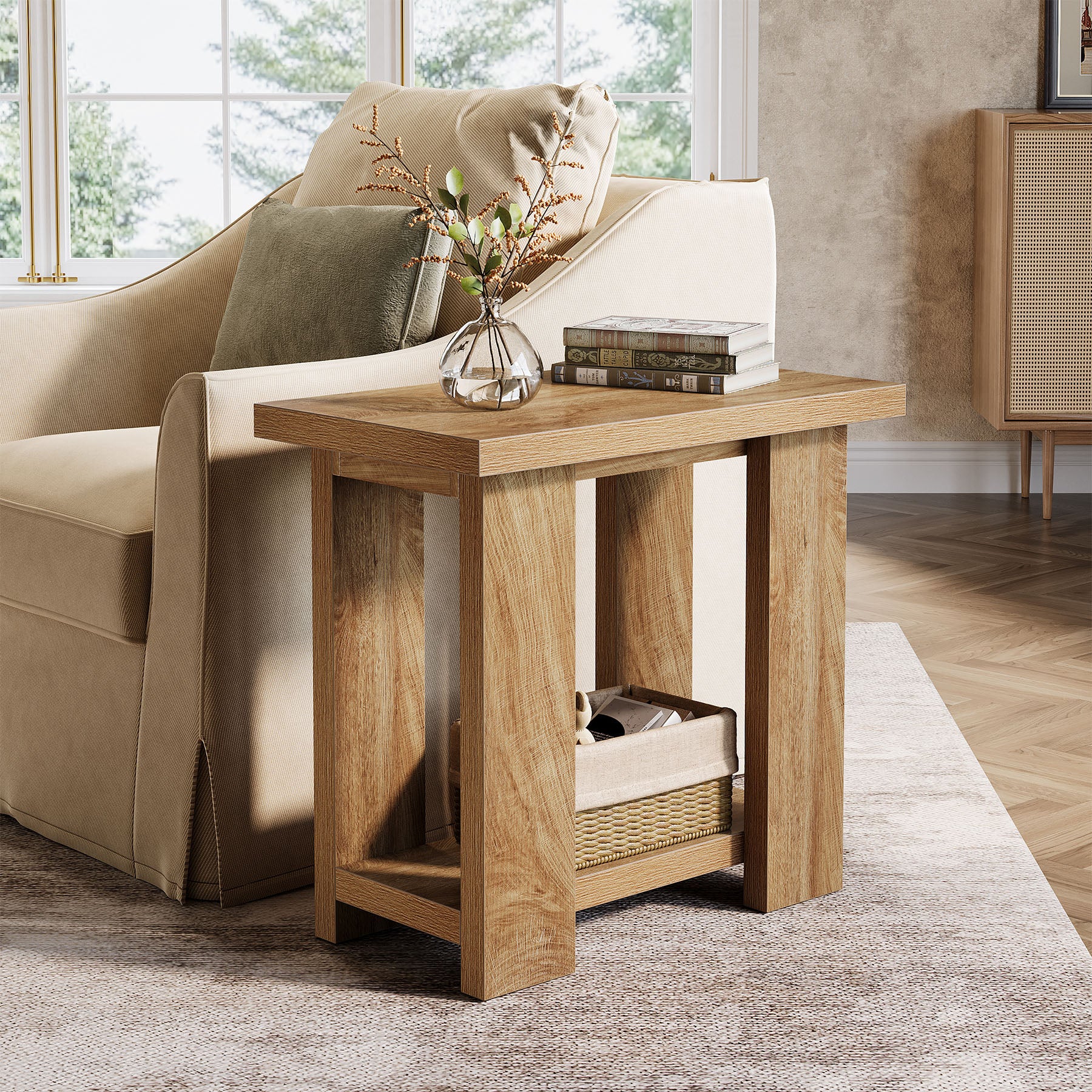 Tribesigns 27.6-Inch Wooden Side Table with 2-Tier Shelf, Farmhouse End Table for Small Spaces