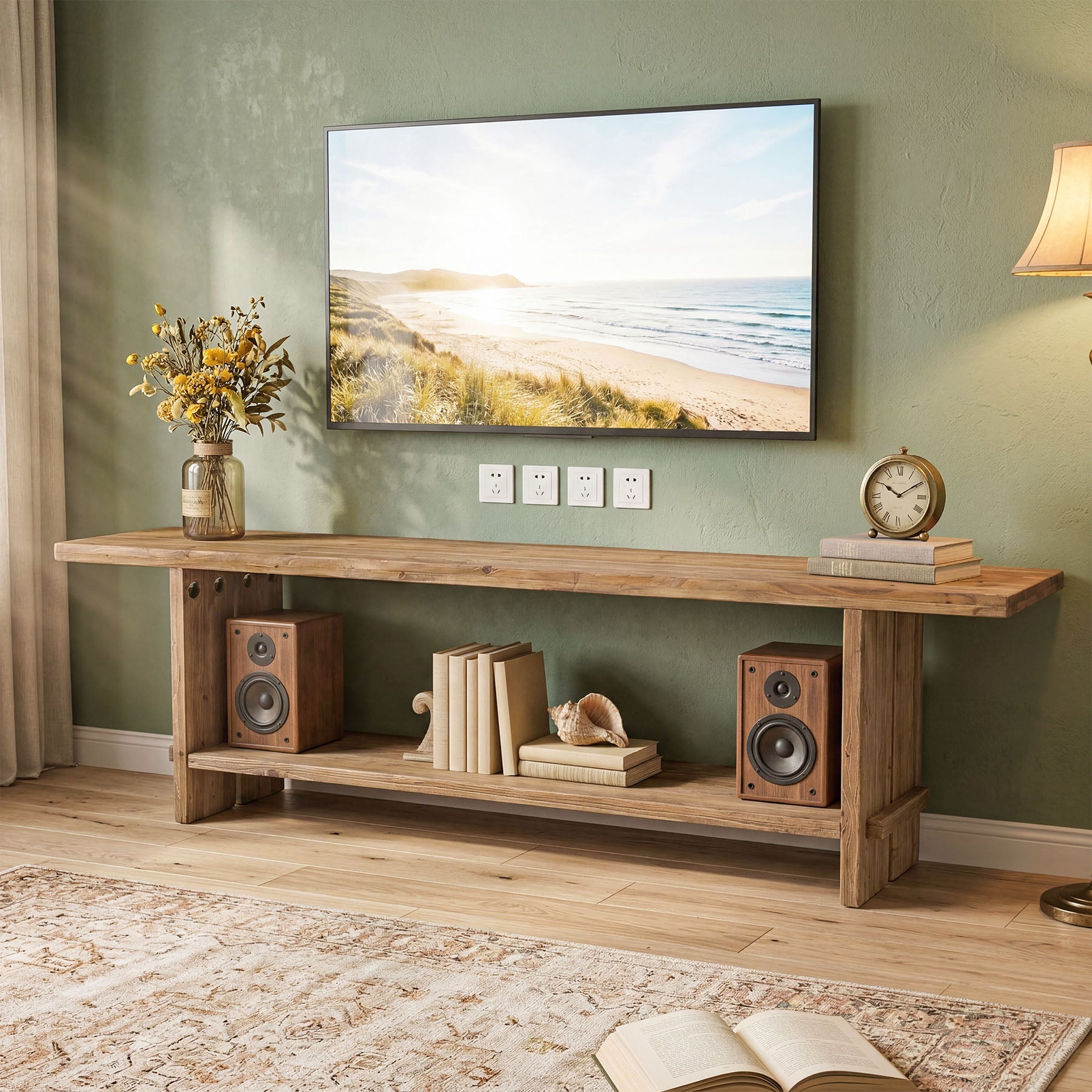 Tribesigns 71 Inch Solid Wood TV Stand with 2-Tier Storage, Media Console for 55 to 85 Inch TVs