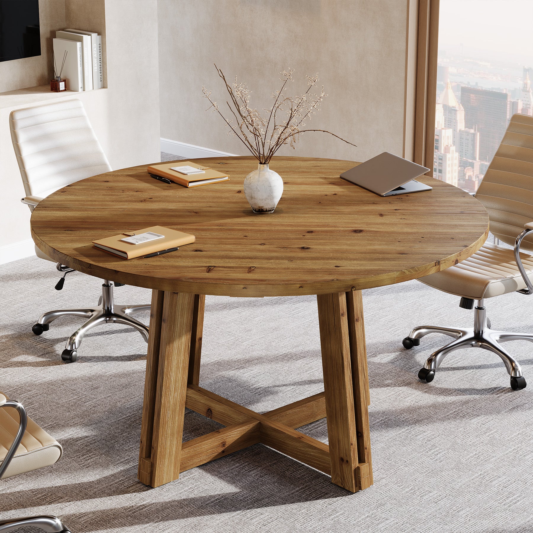 Tribesigns 47-Inch Solid Wood Conference Table for 4-6 People, Round Meeting Table with Crossed Frame for Office and Home Office