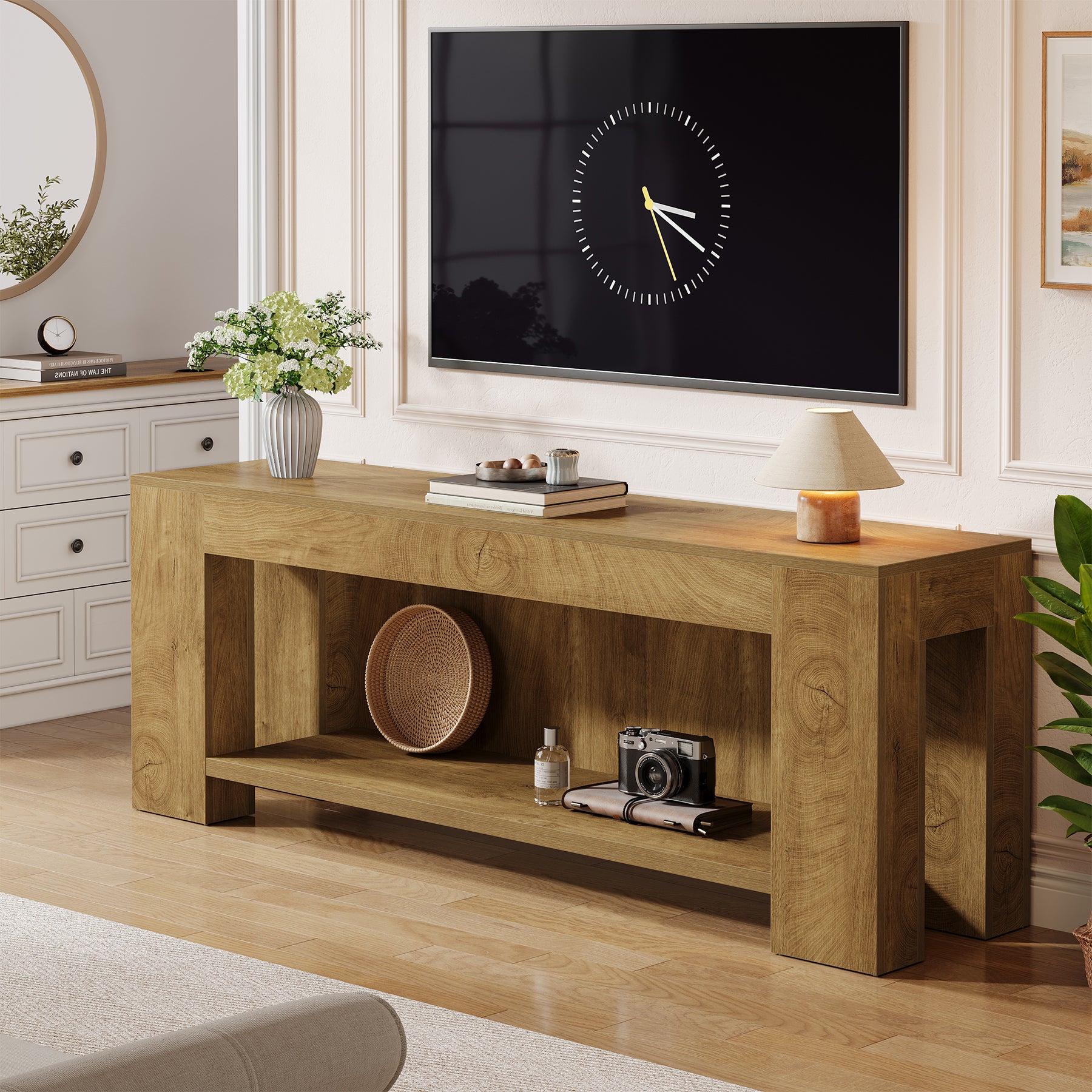 63-Inch TV Stand for 55 to 75-Inch TVs with Open Storage Shelves, Rustic Media Console Table for Living Room