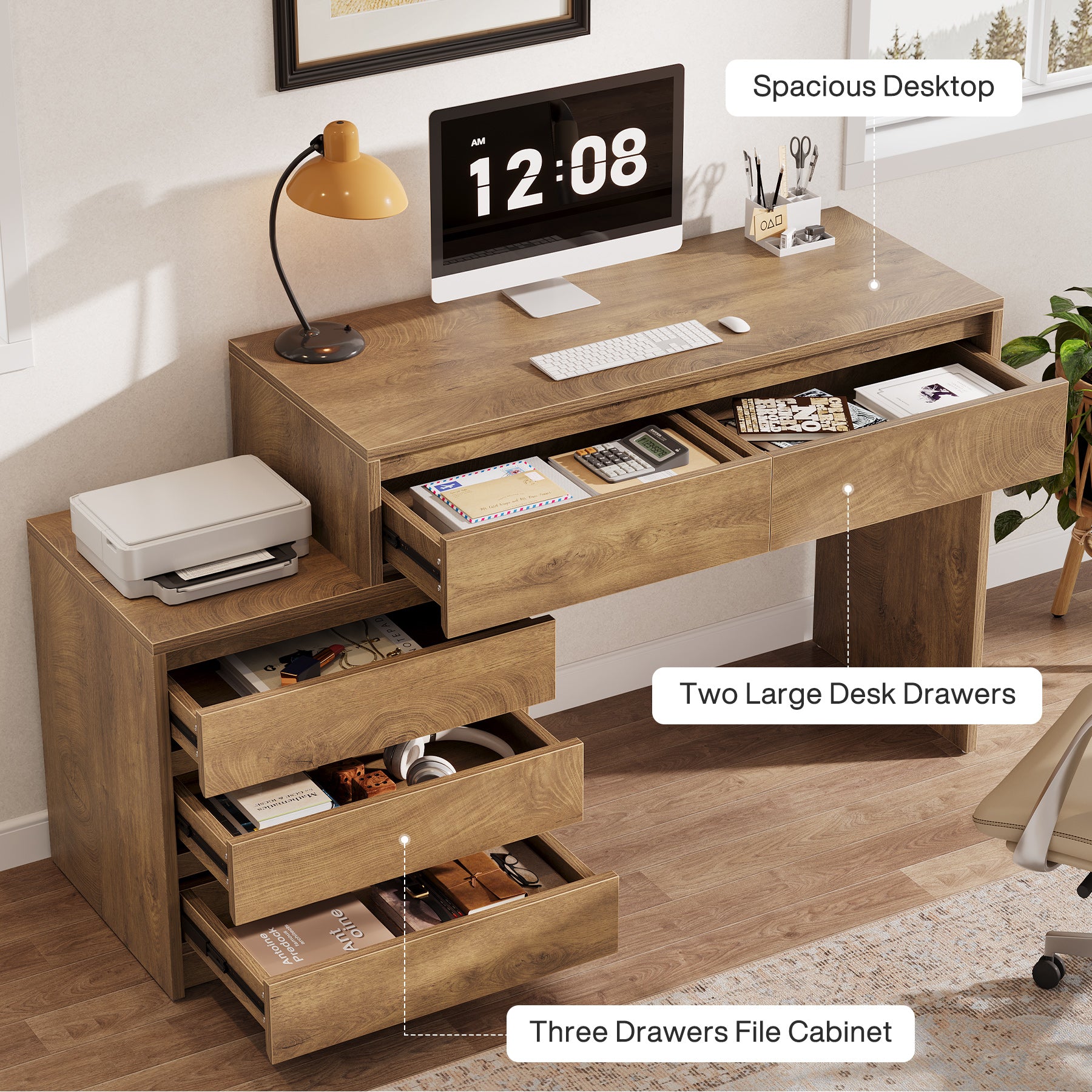 62.99-Inch Computer Desk with 5 Drawers, Industrial Home Office Desk with File Cabinet for Small Spaces