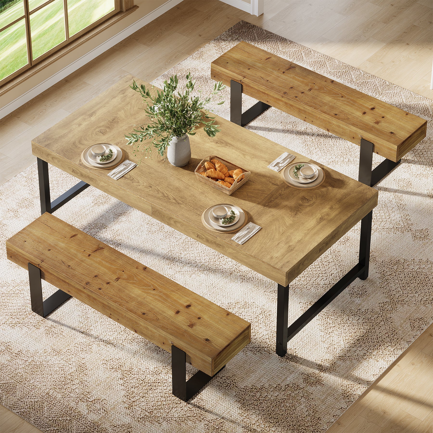Tribesigns 63-Inch Solid Wood Dining Bench, Farmhouse Kitchen Seat with Metal Legs for Dining Room