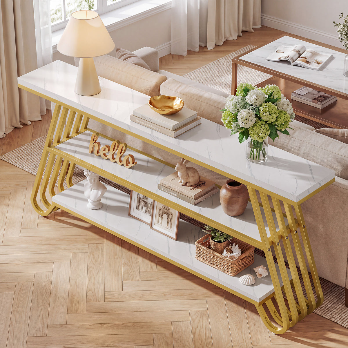 Tribesigns 70.9-Inch Faux Marble Console Table with Storage, Gold Sofa Table for Living Room