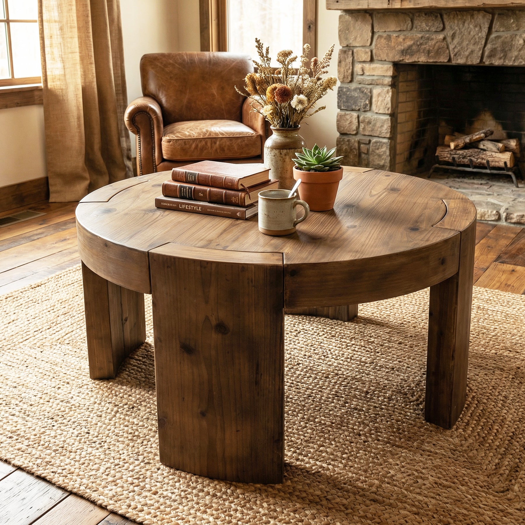 31.5 Inch Solid Wood Round Coffee Table with Integrated Tabletop, Farmhouse Center Table for Living Room