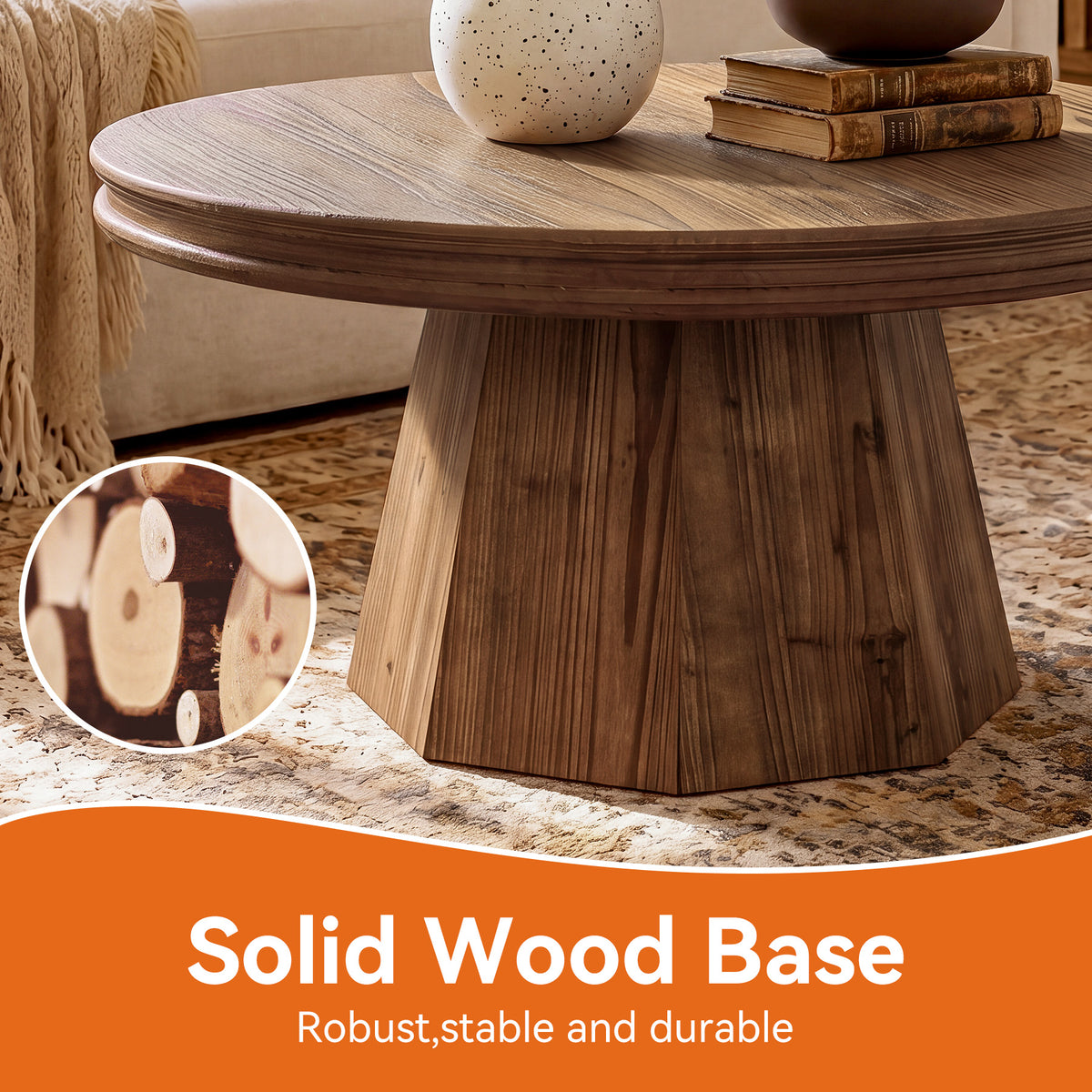 Tribesigns 31.5" Solid Wood Round Coffee Table with Thick Top, Rustic Farmhouse Living Room