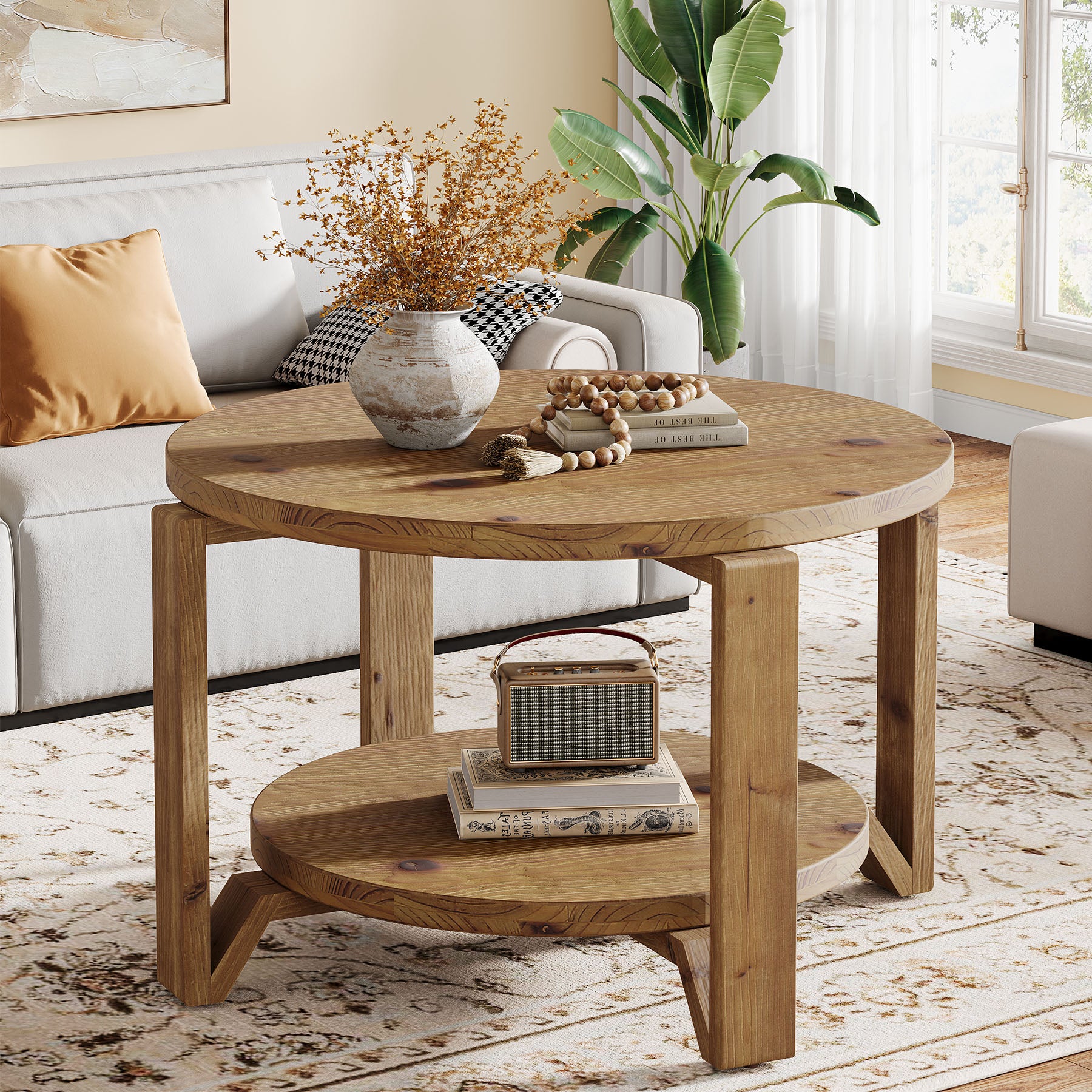 30" Solid Wood Round Coffee Table, Two-Tier Farmhouse Center Table with Natural Texture in Warm Brown