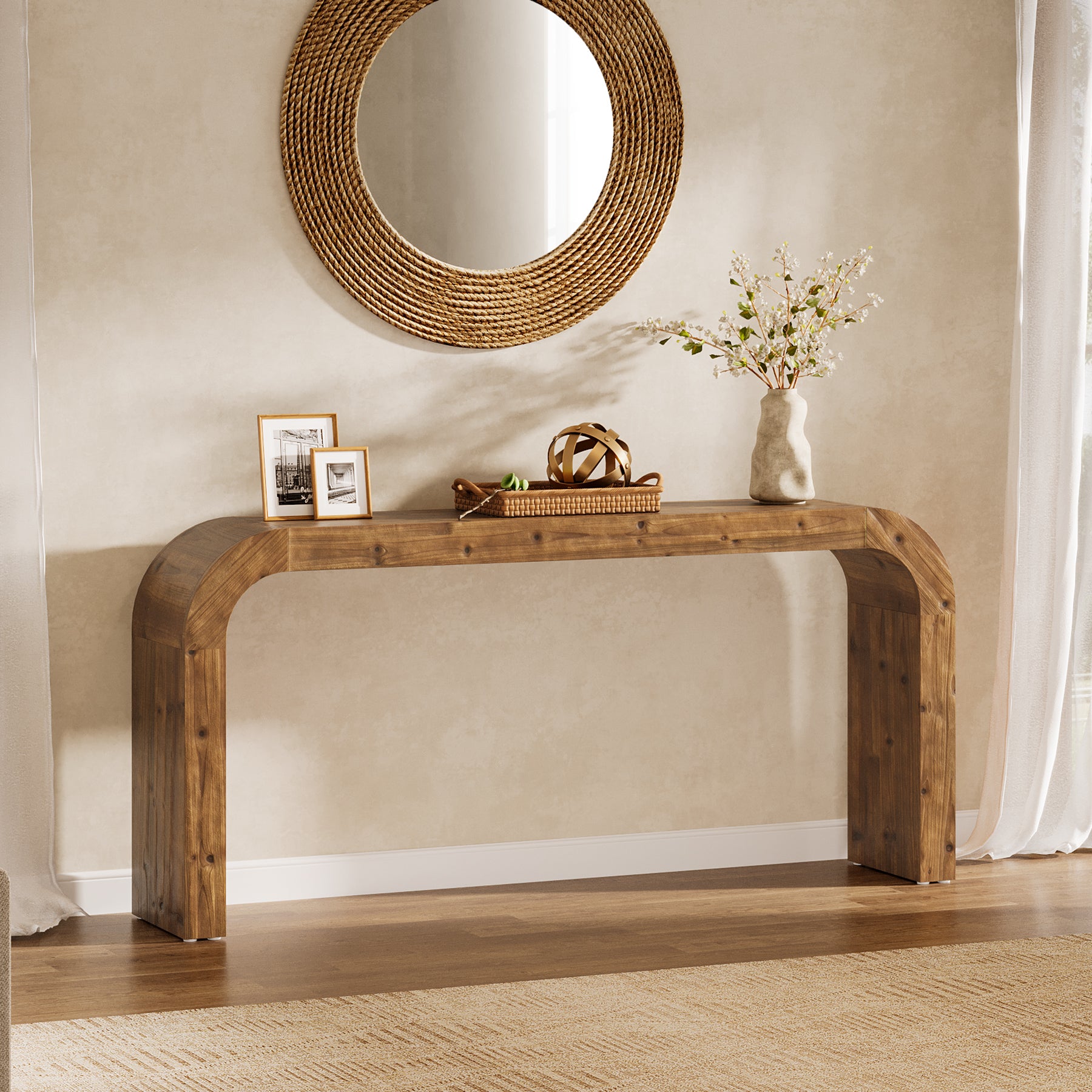 71 Inch Solid Wood Console Table, Farmhouse Waterfall Sofa Table for Entryway Hallway