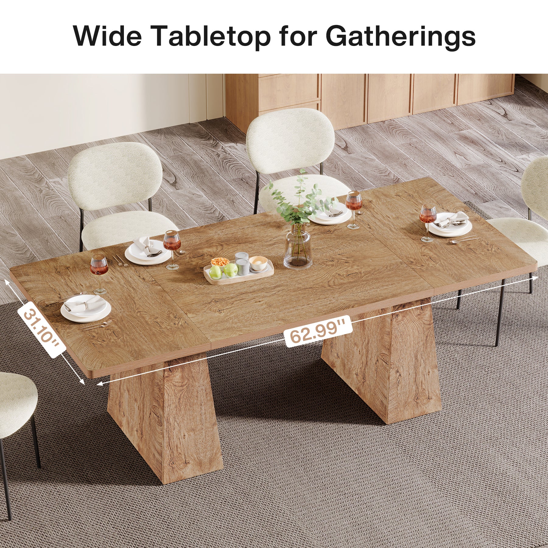 Tribesigns 63 Inch Dining Table for 6, Farmhouse Rectangular Kitchen Table with Double Pedestal for Dining Room