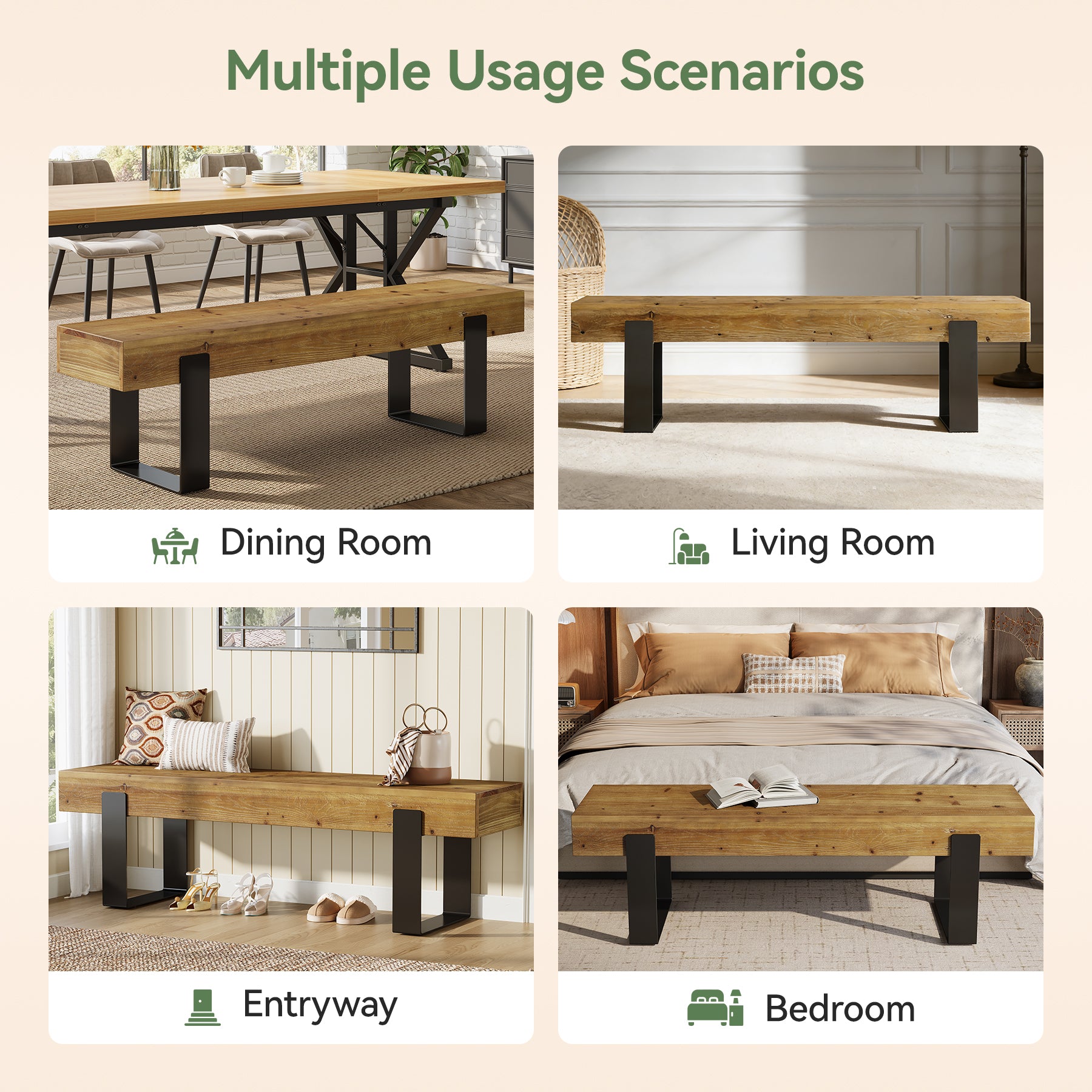 Tribesigns 63-Inch Solid Wood Dining Bench, Farmhouse Kitchen Seat with Metal Legs for Dining Room