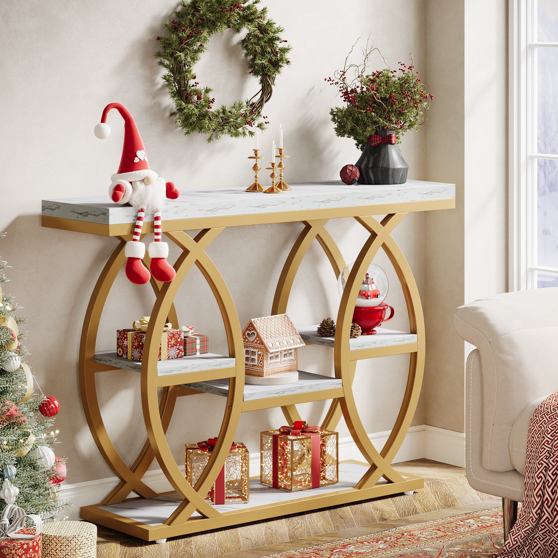 39.4" Industrial Console Table - 4-Tier Narrow Sofa Table with Metal Frame & Storage, Rustic Brown