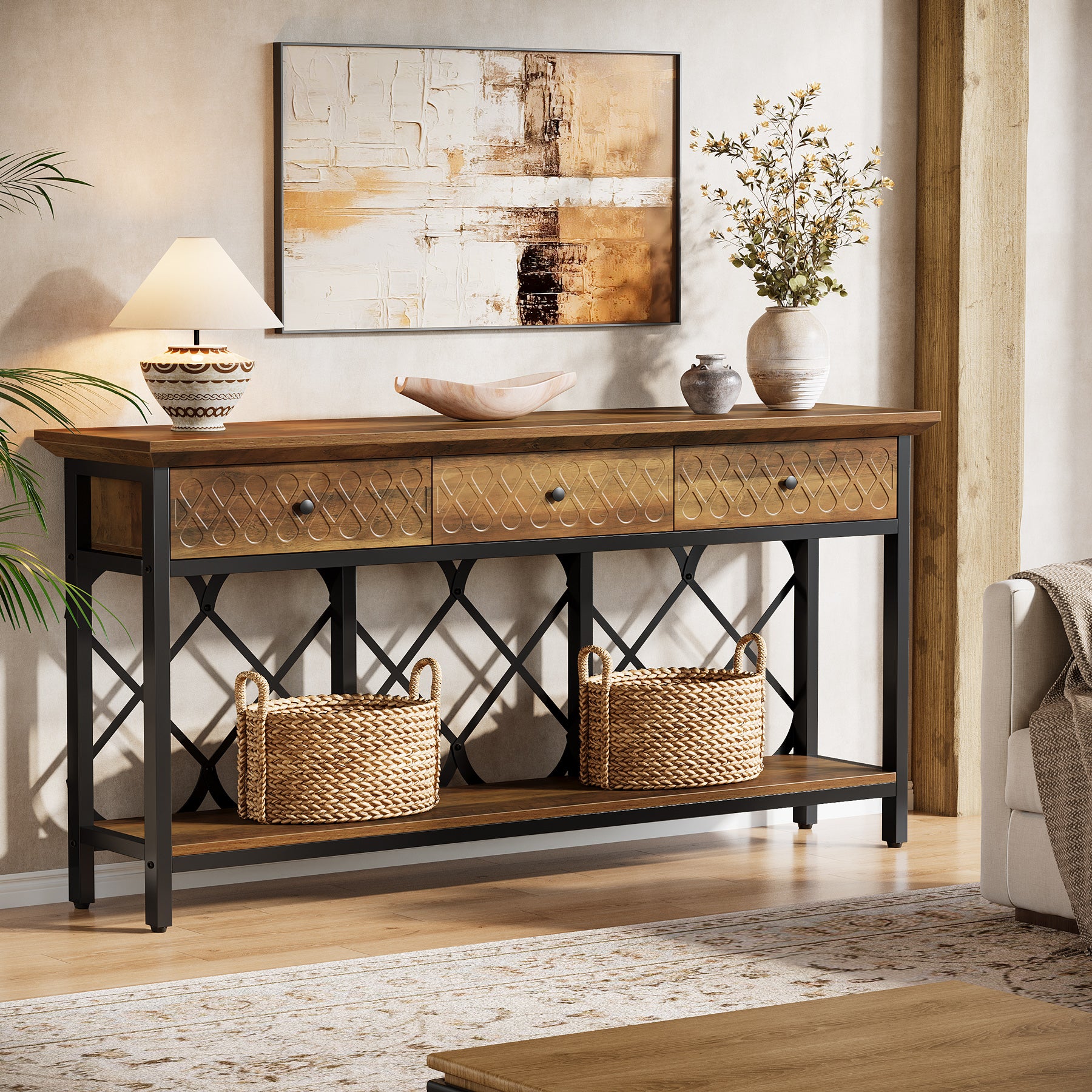 Tribesigns 70.86-Inch Extra Long Console Table with 3 Drawers and Storage Shelf, Industrial Narrow Sofa Table for Living Room Entryway and Hallway