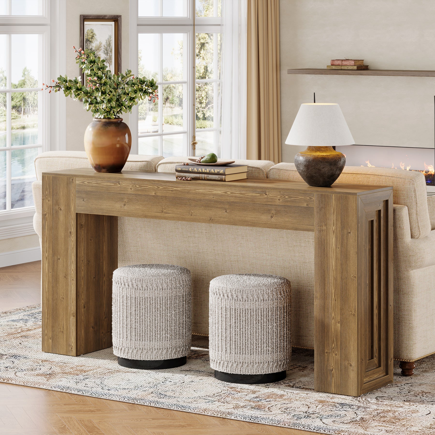 63" Farmhouse Console Table, Narrow Sofa Table with Natural Brown Finish for Entryway