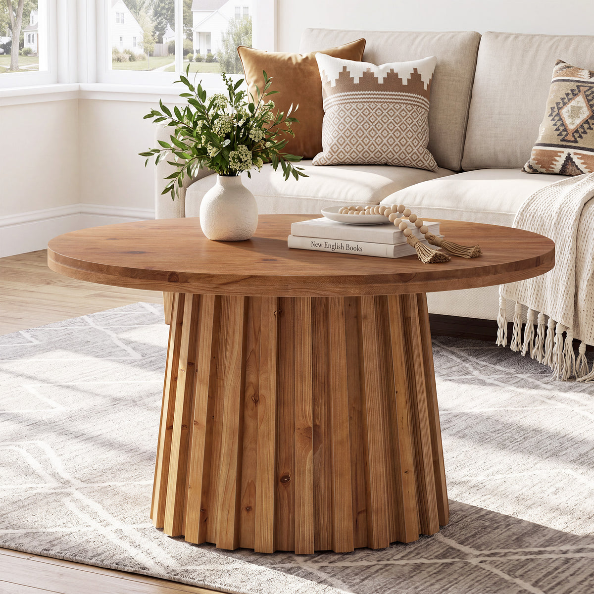 31.5 Inch Solid Wood Round Coffee Table with Fluted Drum Base, Farmhouse Accent Table for Living Room