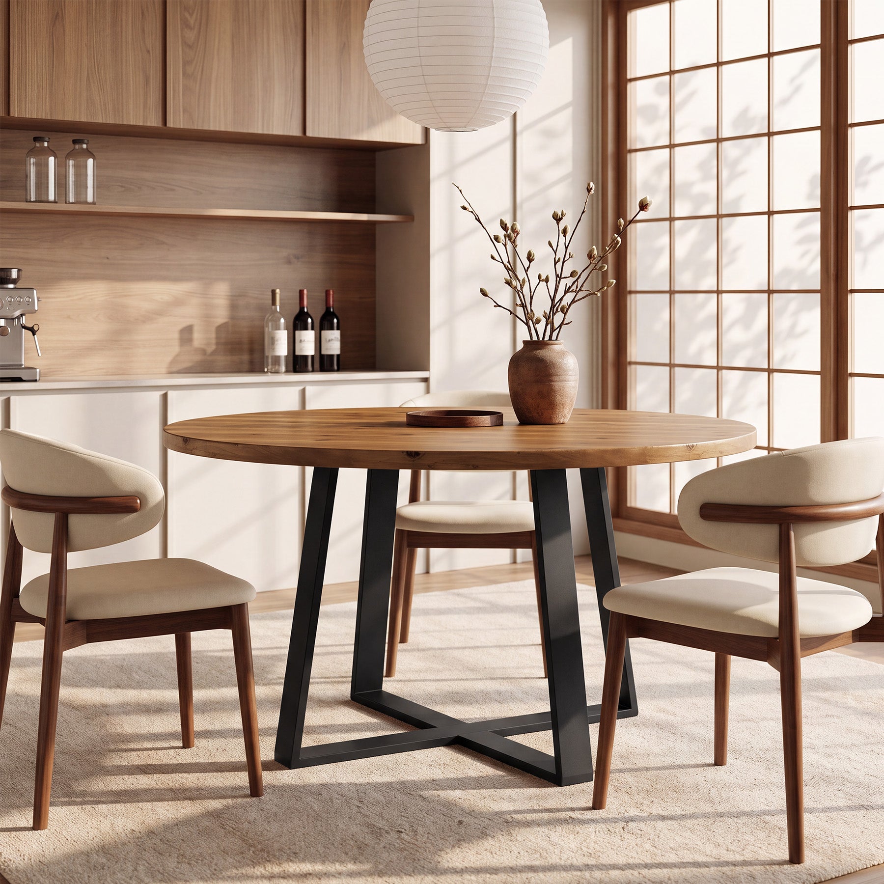Tribesigns 47-Inch Solid Wood Round Dining Table, 4-6 Person Table with Black Metal Base