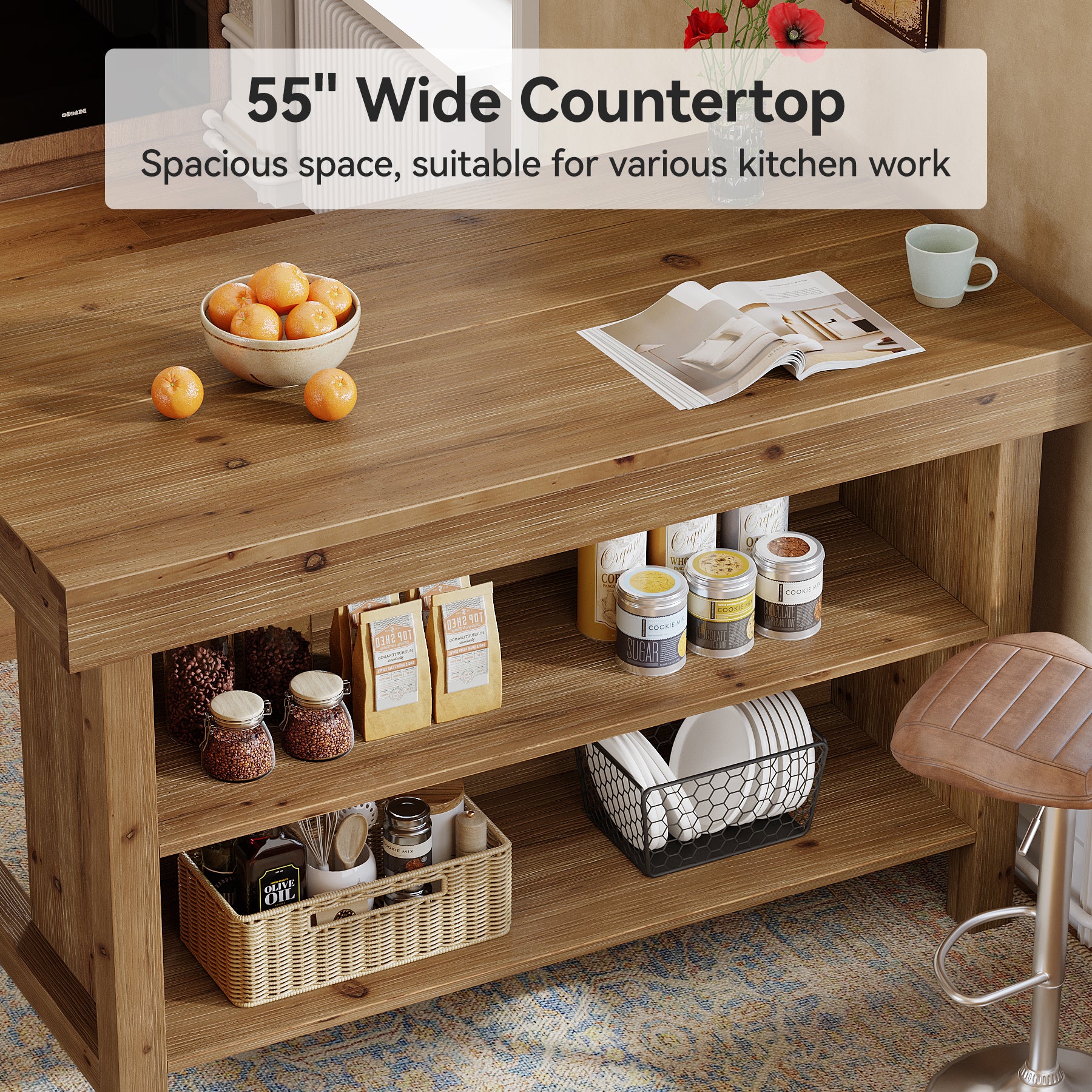 Tribesigns Solid Wood Kitchen Island Table with 2-Tier Open Storage Shelves, Farmhouse Stationary Island Table with Seating for Kitchen and Dining Room