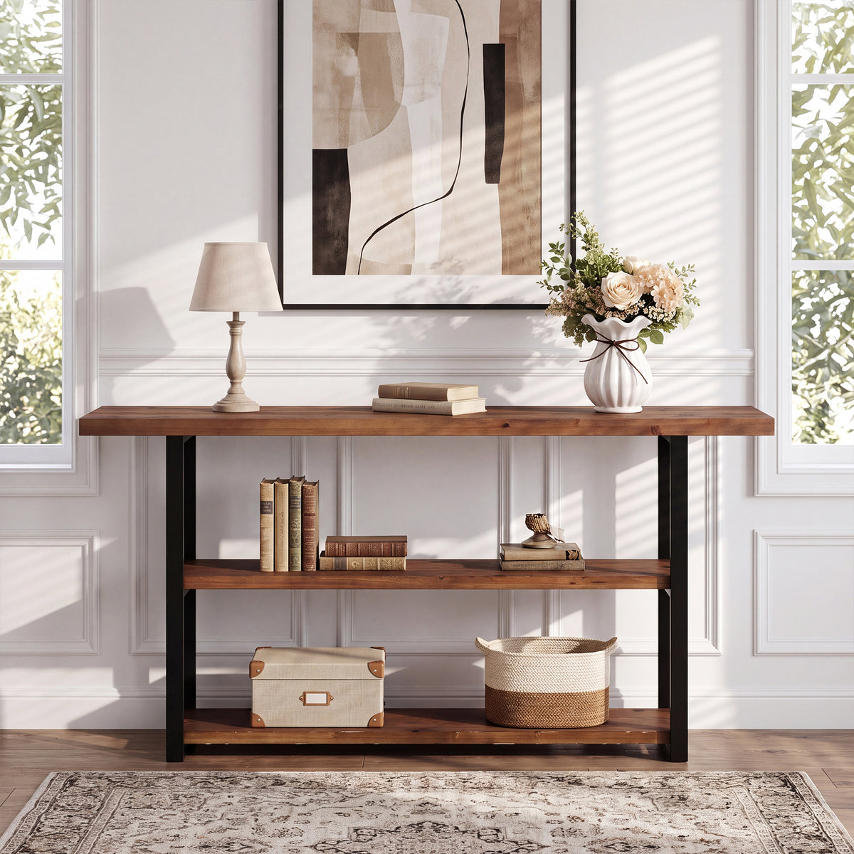 Tribesigns 63-Inch Narrow Console Table with 3-Tier Storage, Rustic Sofa Table for Hallway and Entryway