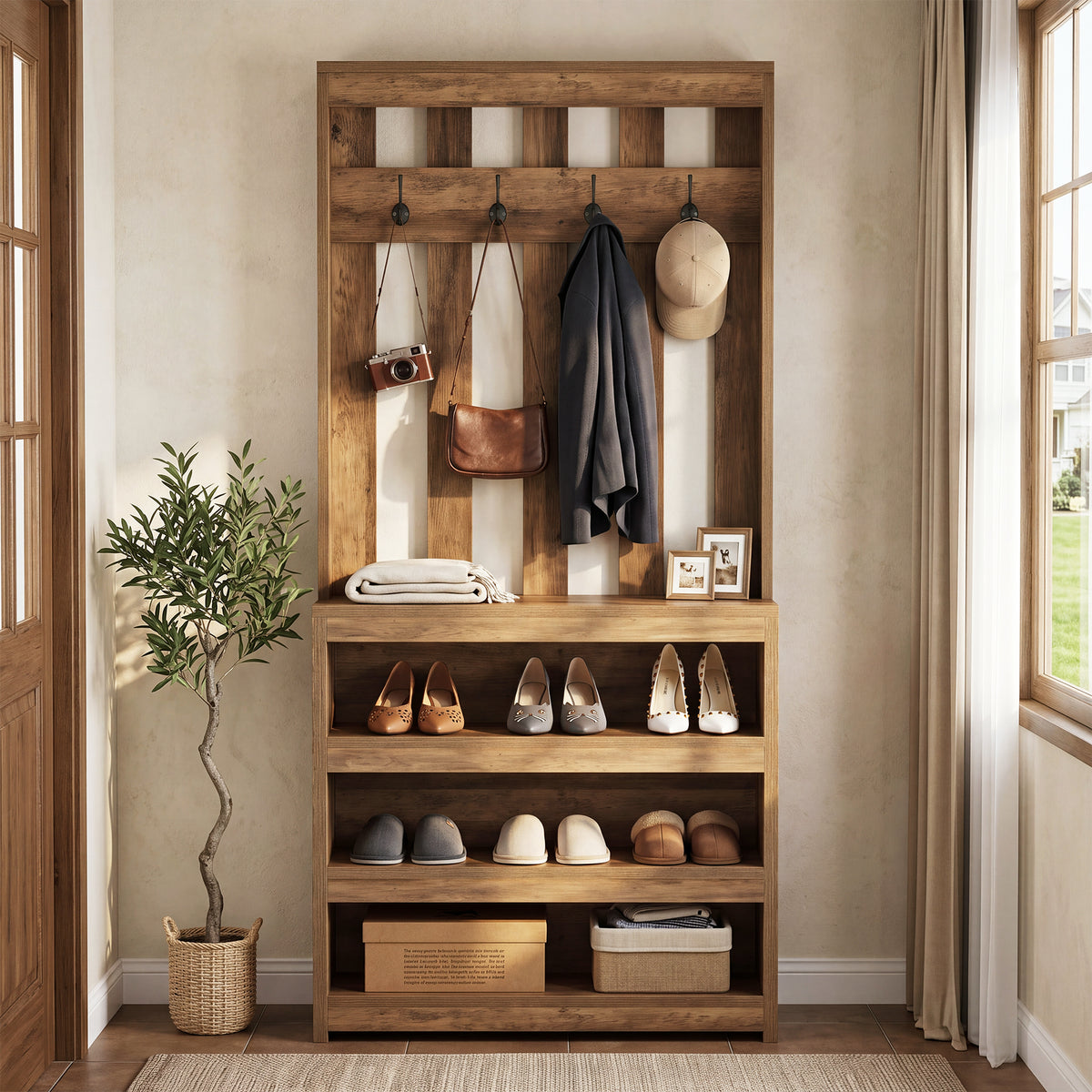 Tribesigns 70.87" Slatted Room Divider with Shoe Shelves, Farmhouse Hall Tree with 4 Hooks for Entryway