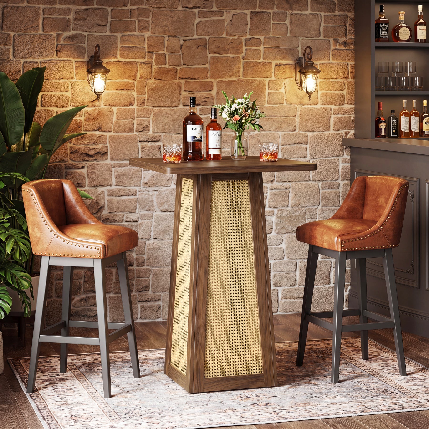 31.5-Inch Square Bar Table, Counter Height Pub Table with Rattan Pedestal Base for Home Bar Kitchen and Small Spaces