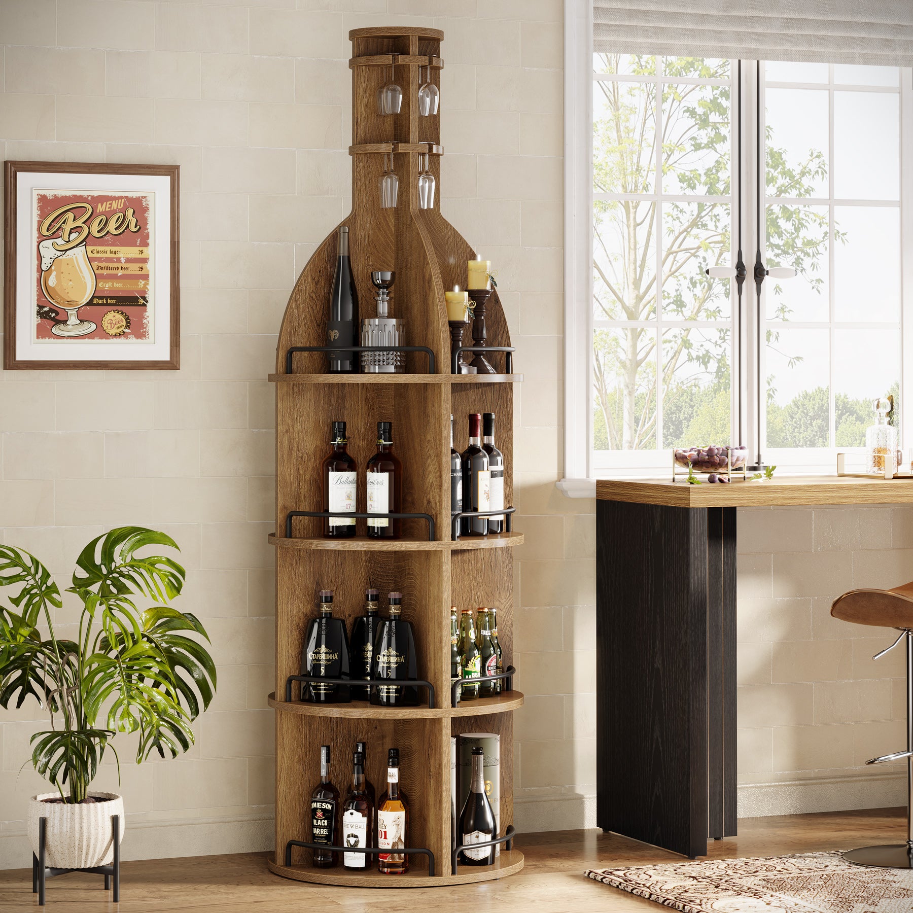 Tribesigns 74.8 Inch Tall Round Wine Rack with Storage Shelves and Glass Holder, Freestanding Wine Bar Cabinet for Home Bar