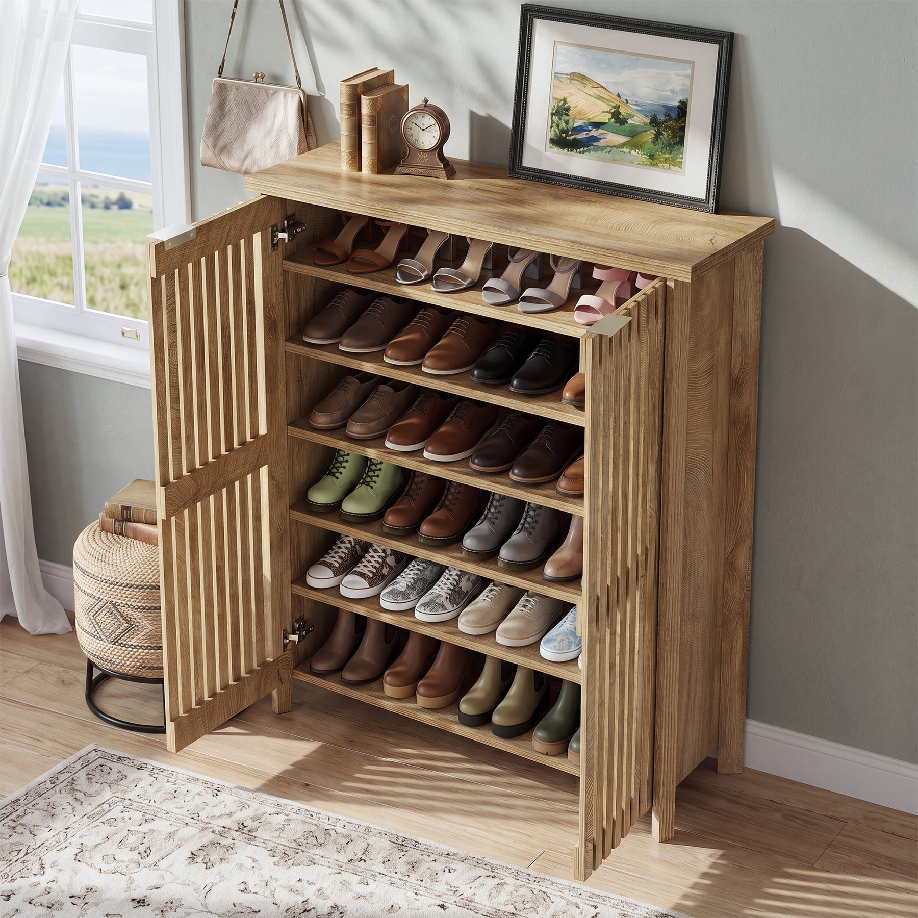 Tribesigns 43.31 Inch 6-Tier Shoe Cabinet with Louvered Doors, Farmhouse Shoe Storage Cabinet for Entryway and Hallway