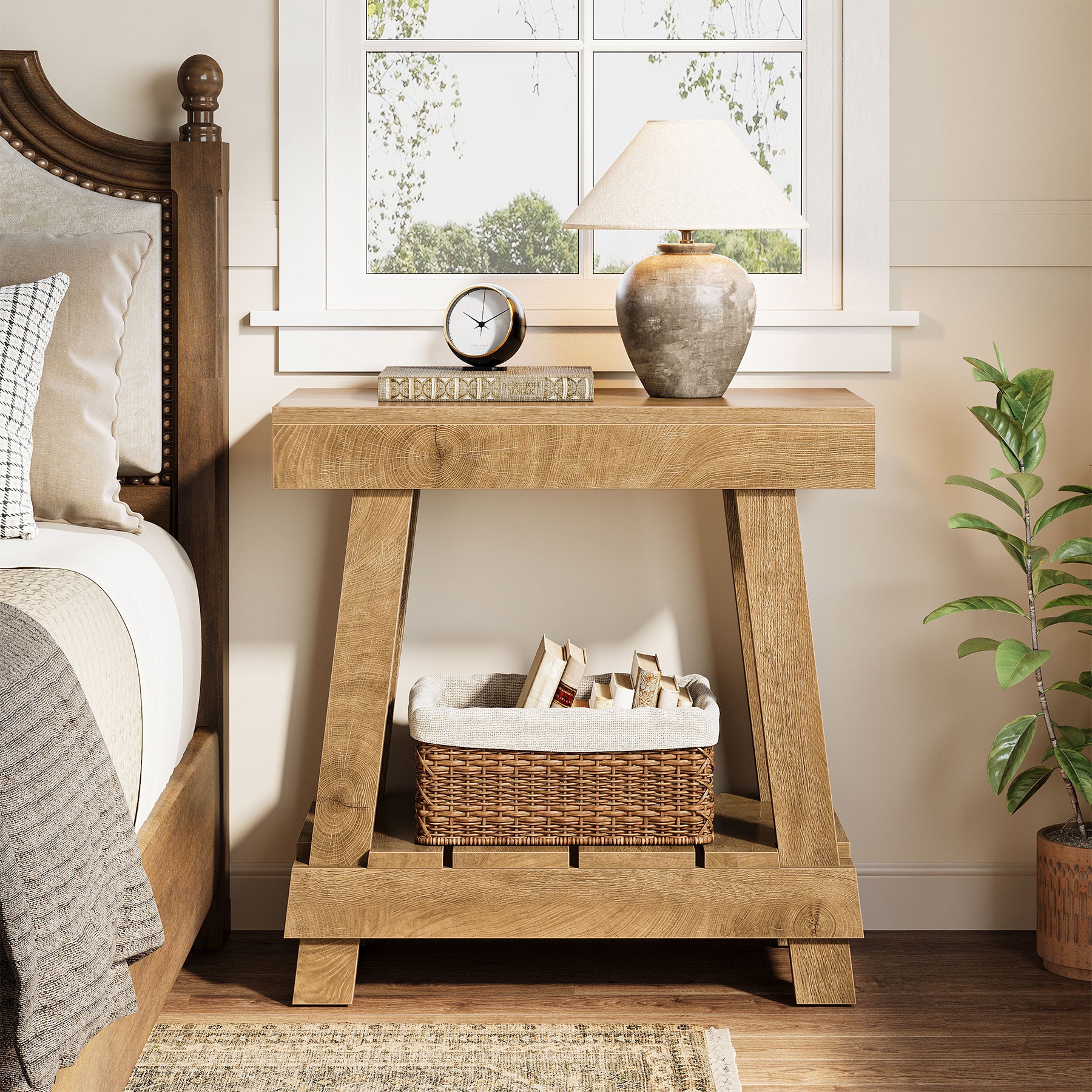 23.62" 2-Tier End Table - Farmhouse Bedside Nightstand with Storage Shelf