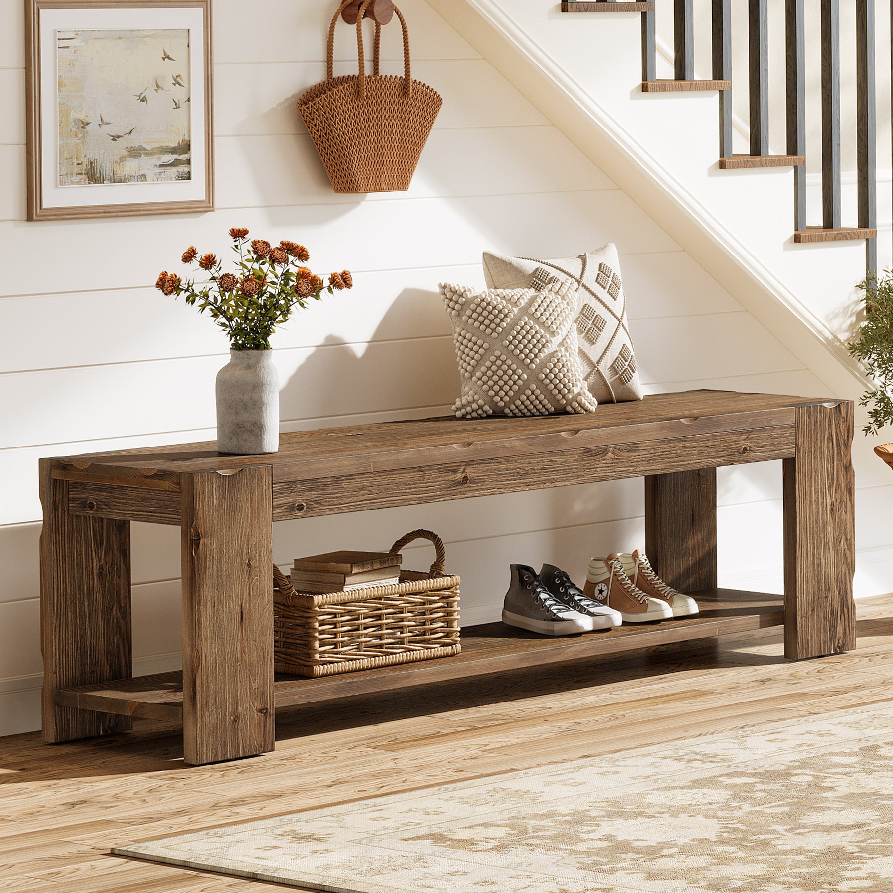 Tribesigns 55.12 Inch Solid Wood Entryway Bench with Storage Shelf, Rustic Shoe Bench for Hallway