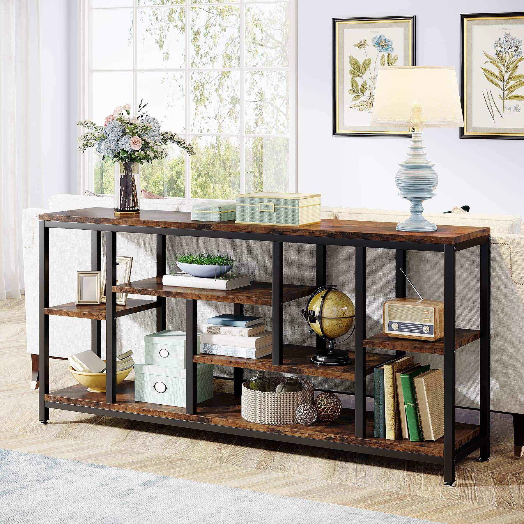 Tribesigns 70.9-Inch Extra Long Console Table with 3-Tier Storage Shelves, Industrial Narrow Sofa Table for Entryway