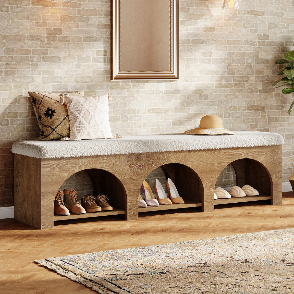 Tribesigns 63" Upholstered Entryway Bench with Arched Shoe Storage, Cushioned Bench for Hallway