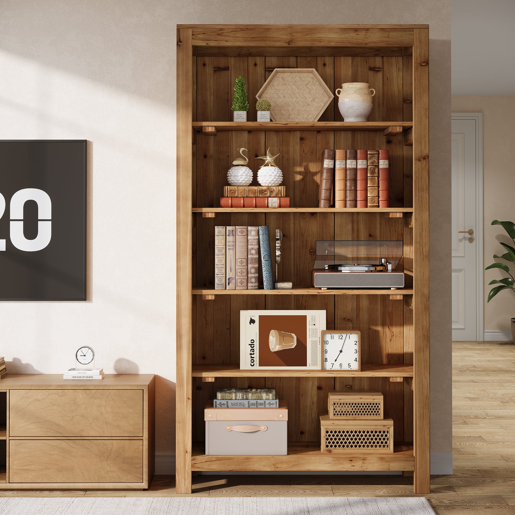 Tribesigns 5-Tier Farmhouse Bookcase with Slatted Back Panel, Solid Wood Bookshelf for Home Office and Library