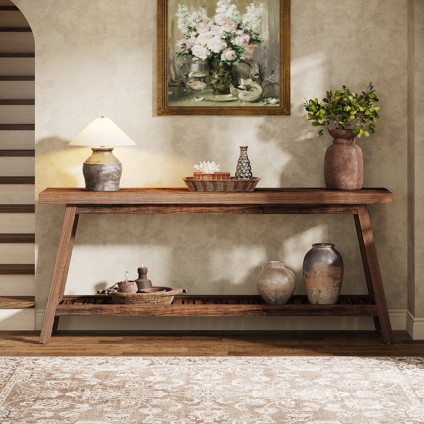 Farmhouse Console Table, 70.9" Entryway Table 2-Tier Sofa Table