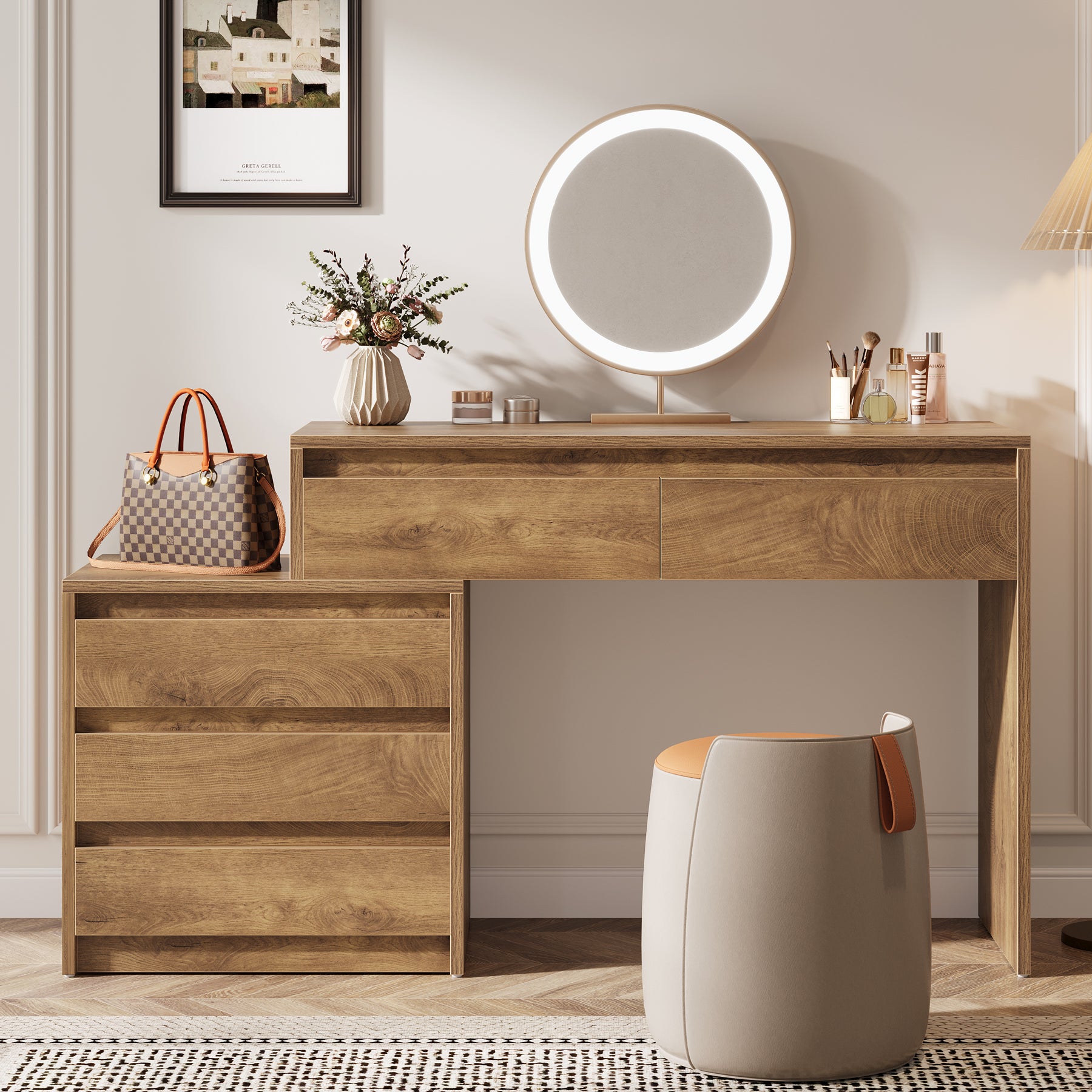 63-Inch Makeup Vanity Desk with 5 Drawers, Modern Dressing Table with Cabinet
