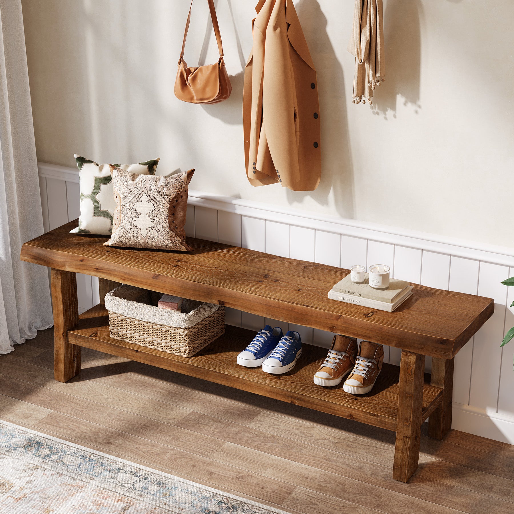 Tribesigns 55-Inch Solid Wood Shoe Storage Bench, Entryway Bench with Lower Shelf for Hallway
