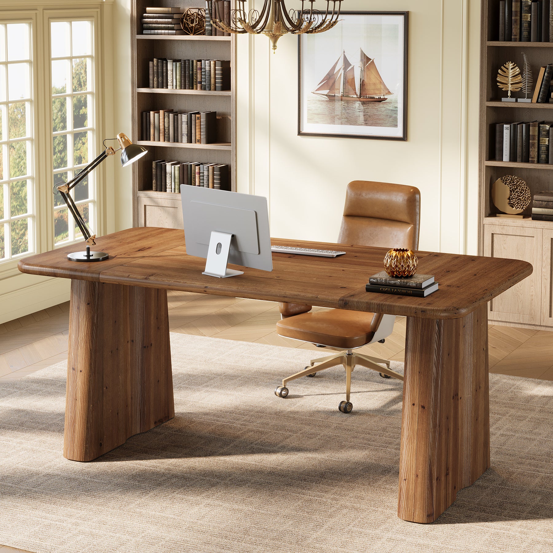 Tribesigns 63-Inch Solid Wood Executive Desk with Double Pedestal Base, Home Office Workstation