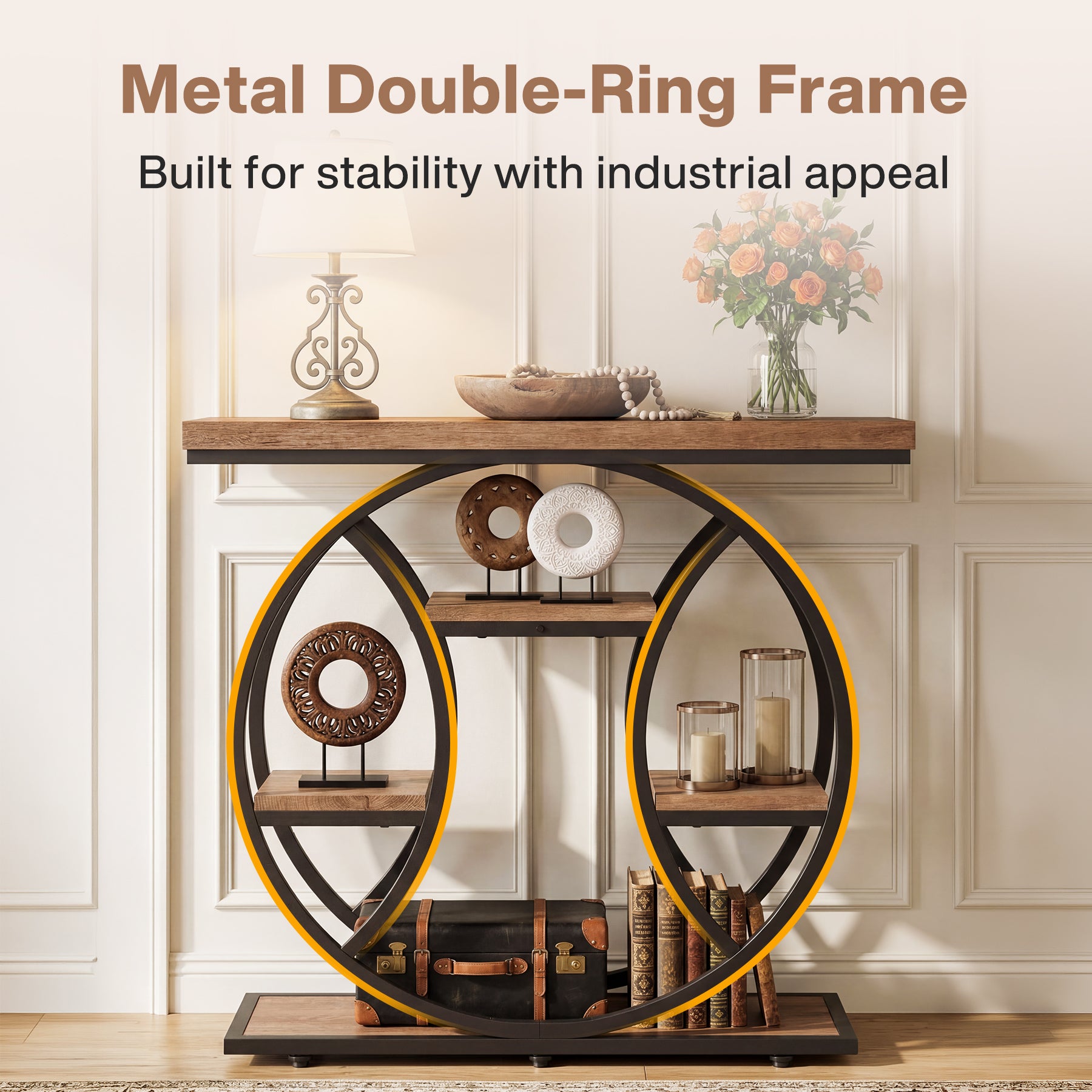 41.3" Industrial Console Table with 4-Tier Storage, Entryway Sofa Table for Hallway Living Room Entrance