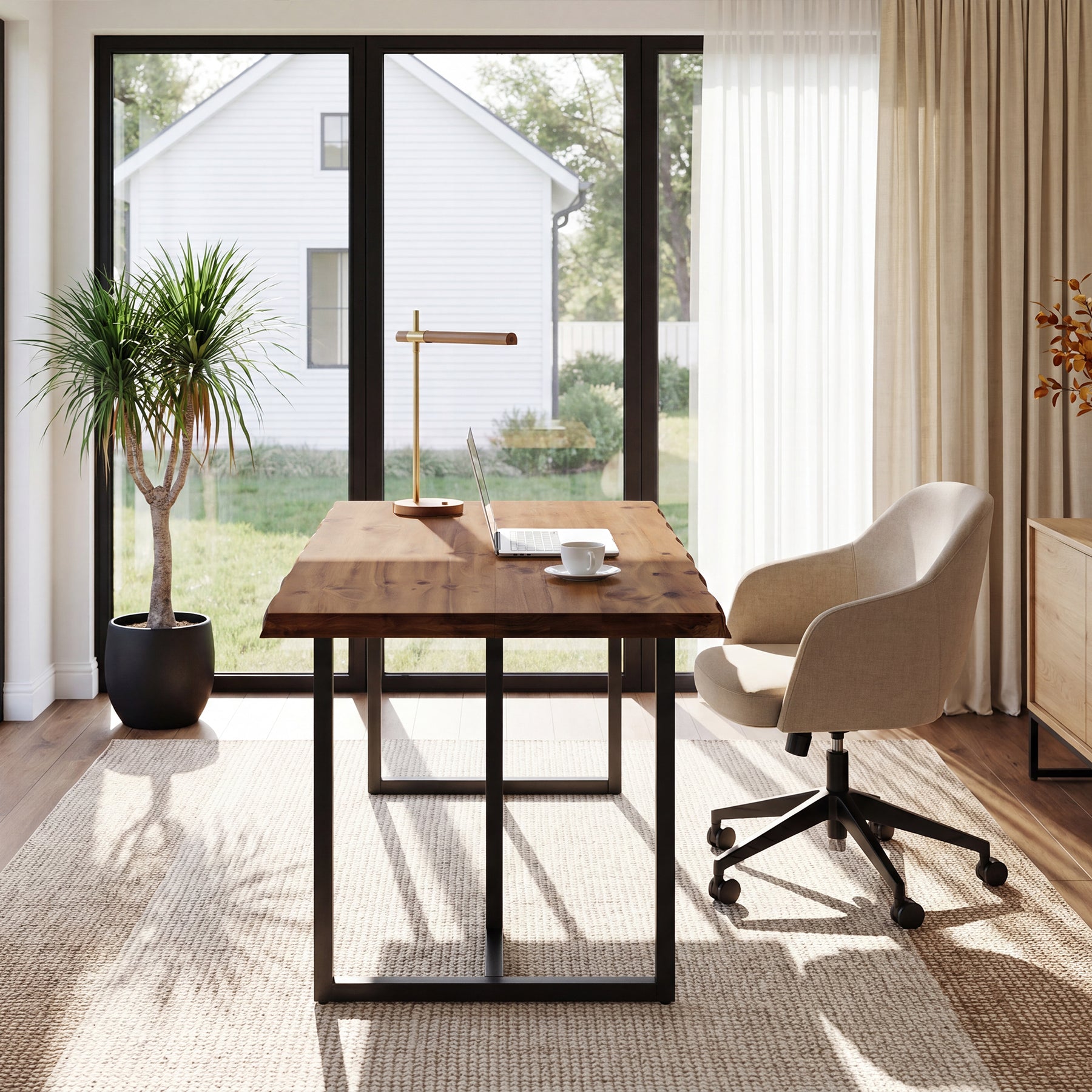 Tribesigns 63-Inch Solid Wood Home Office Desk with Live-Edge Inspired Top, Industrial Writing Desk with Metal Frame for Study and Work