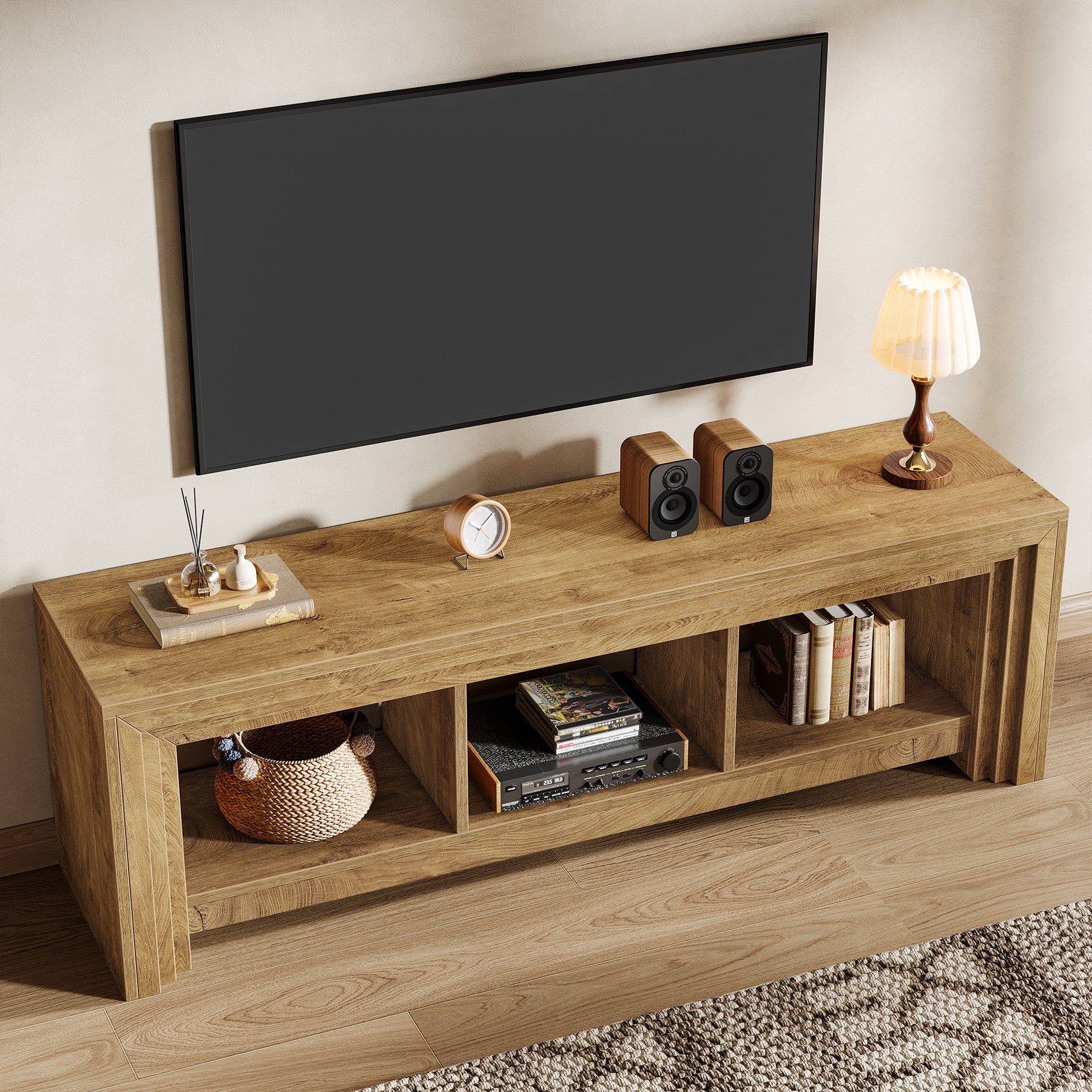 Tribesigns 63-Inch Farmhouse TV Stand, Oak Media Console with Open Storage for Living Room