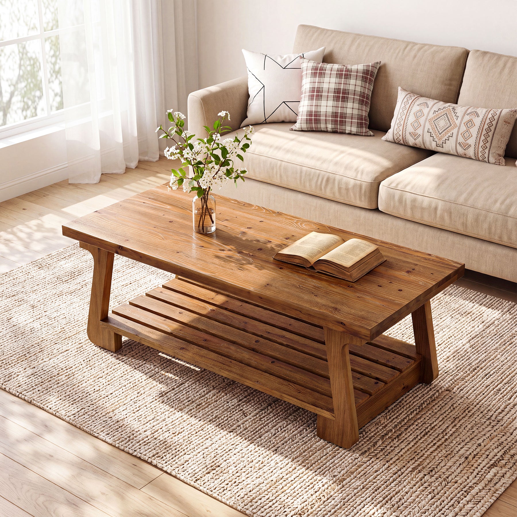 Tribesigns 55-Inch Solid Wood Coffee Table, 2-Tier Storage Shelf Farmhouse Table for Living Room