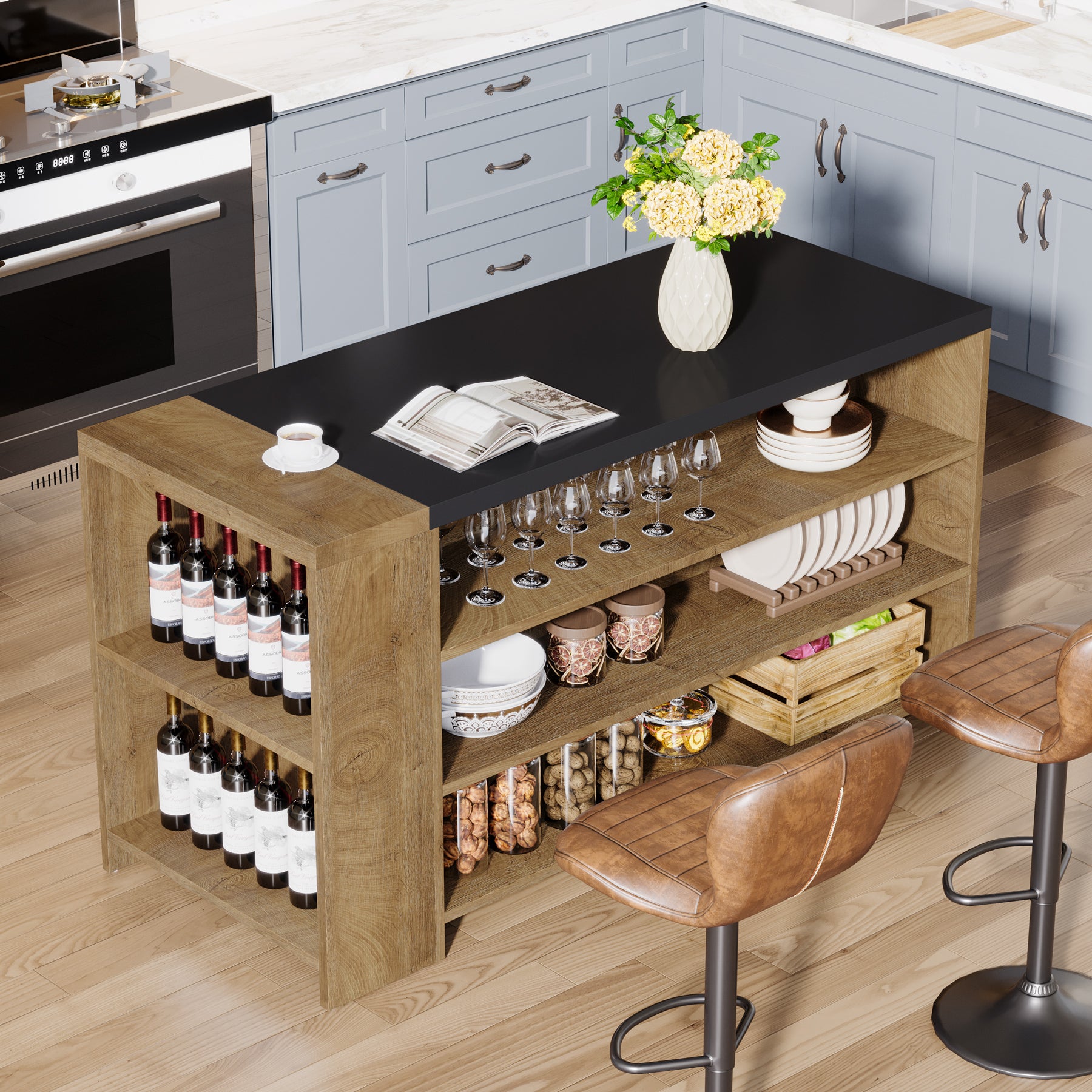 55.12-Inch Kitchen Island with 5-Tier Storage Shelves and Large Countertop, Farmhouse Coffee Bar Table for Kitchen
