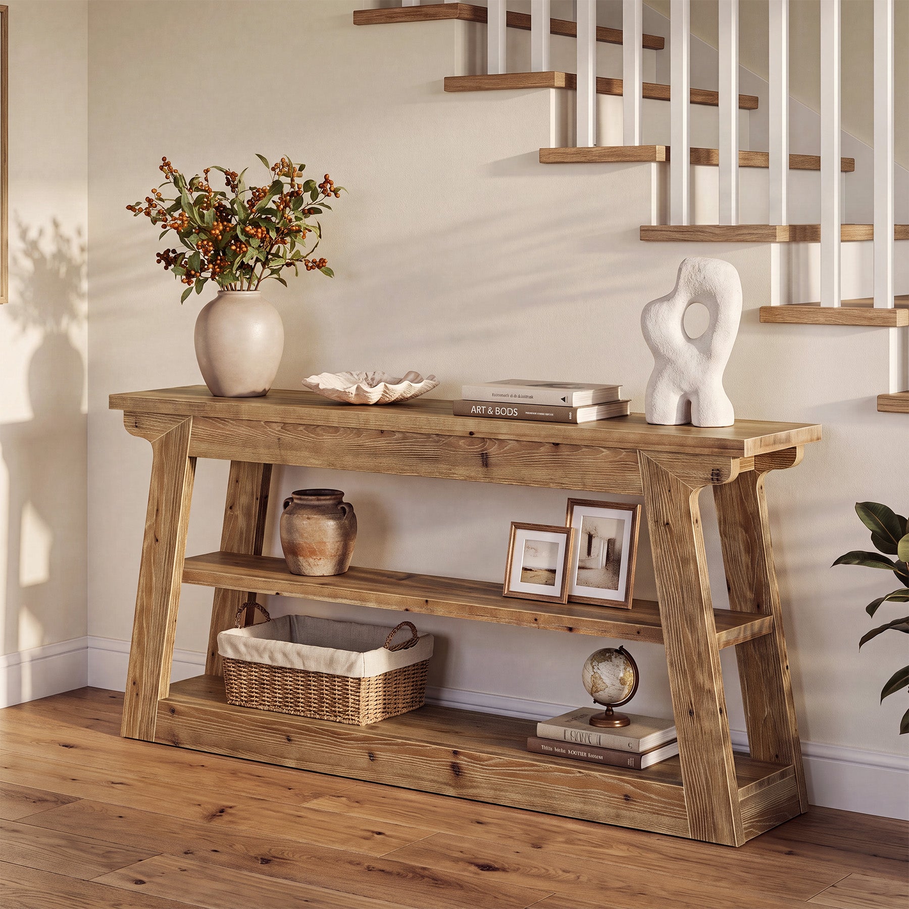 Tribesigns 63-Inch Solid Wood Console Table with 3-Tier Storage, Farmhouse Hallway Entry Table