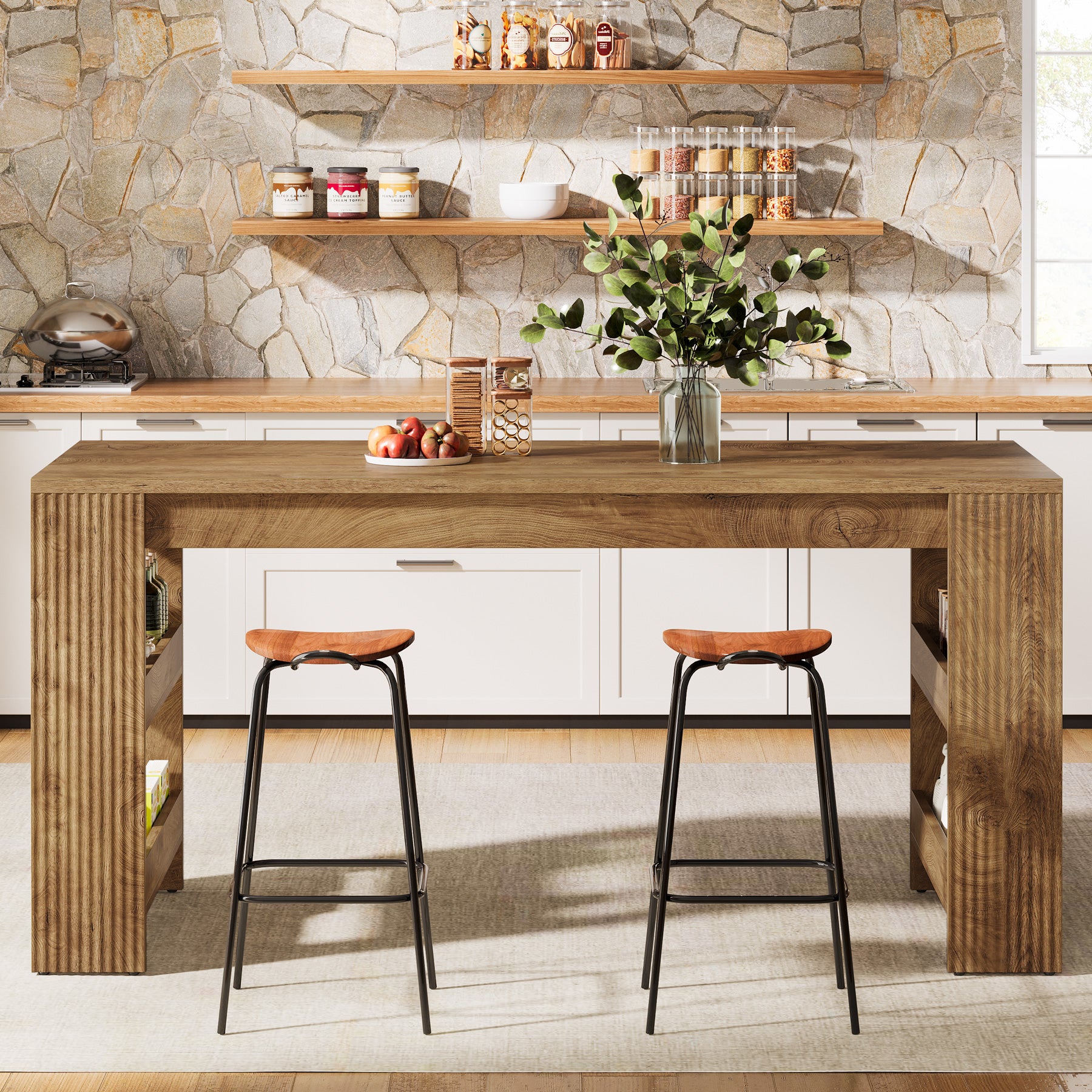 Tribesigns 63 Inch Farmhouse Kitchen Island with Double-Sided Storage Shelves