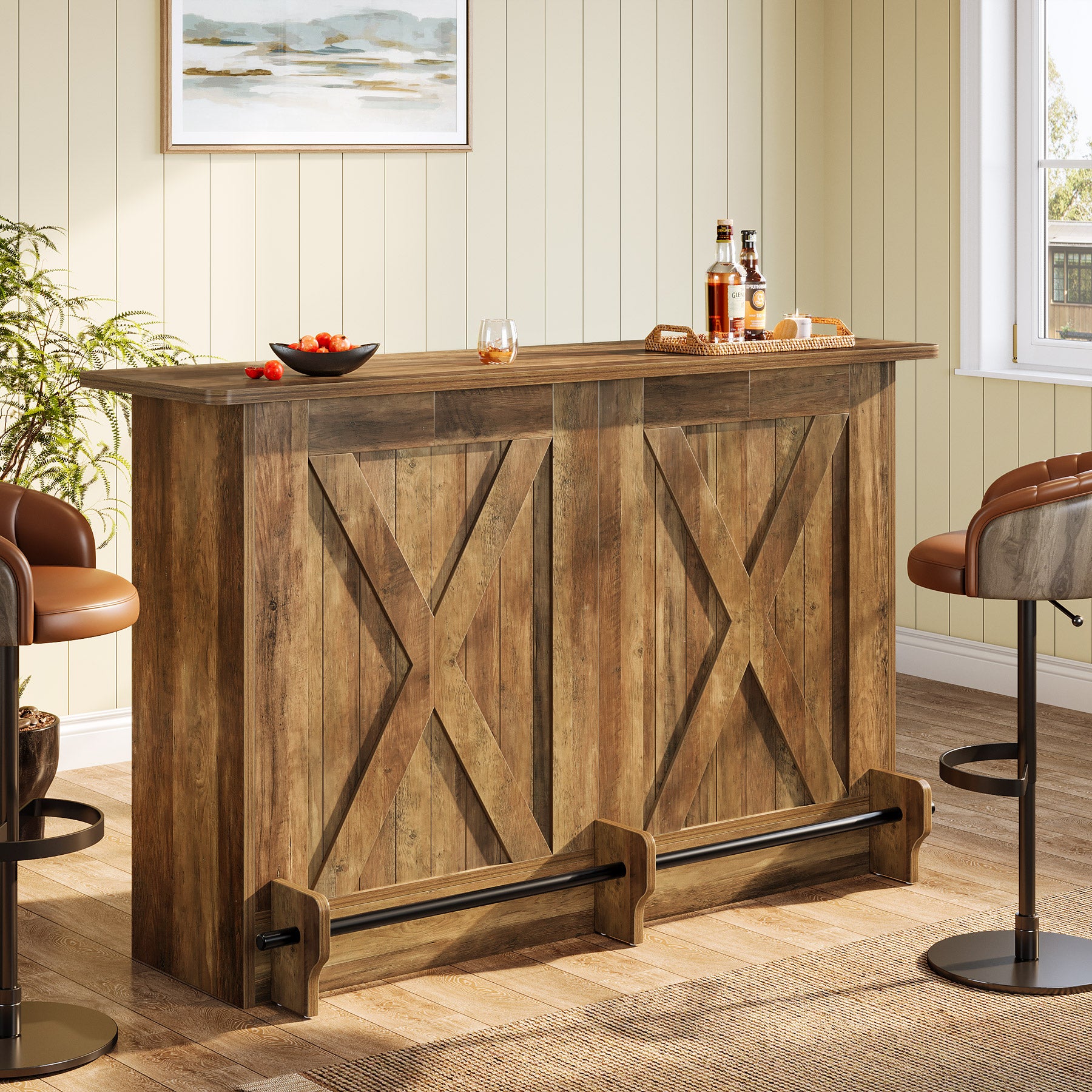 63-Inch Bar Table with 2-Tier Storage Shelves and Metal Footrest for Bistro and Basement Bar