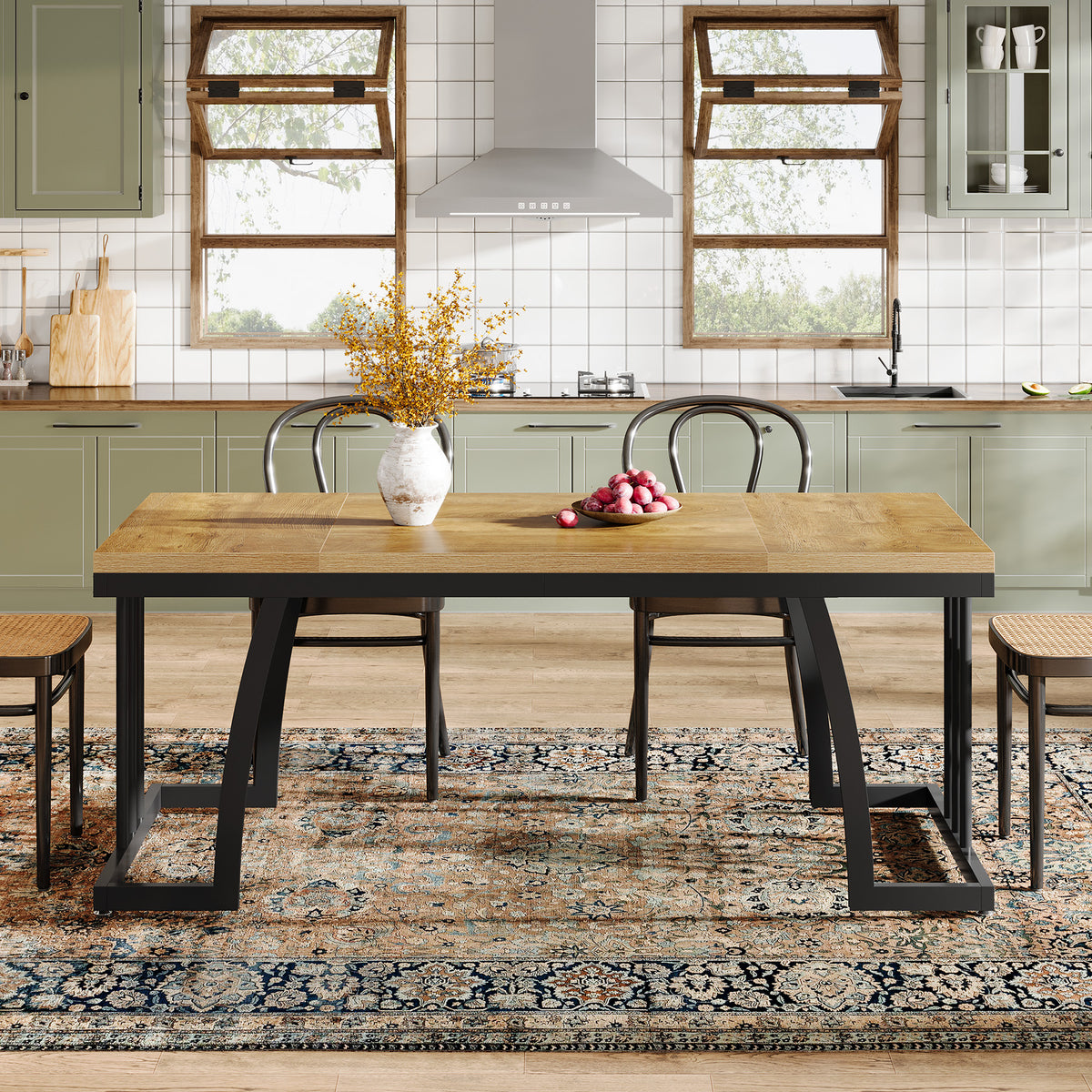 6-Seater Rustic Dining Table, 63" Rectangular Wood Table with Metal Frame for Dining Room