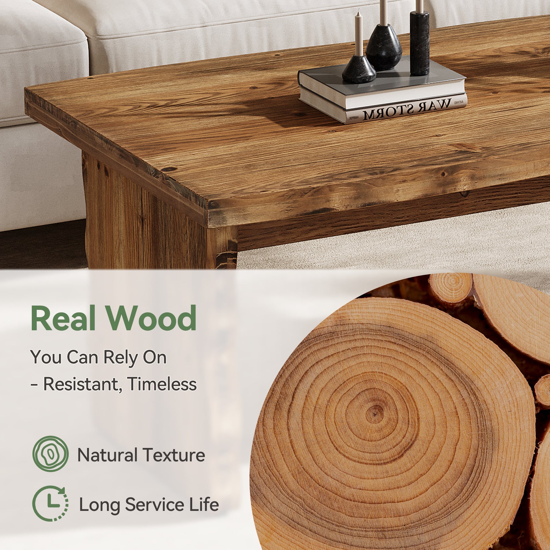 47 Inch Solid Wood Coffee Table, Farmhouse Rectangular Center Table with Natural Wave Edge