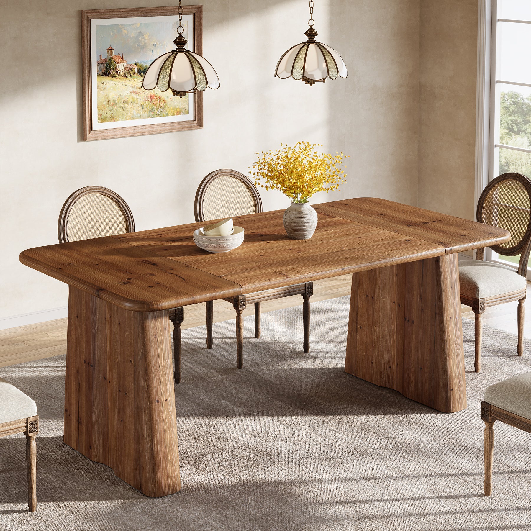 Tribesigns 63-Inch Solid Wood Dining Table with Double Pedestal Base, Rustic Table for Dining Room