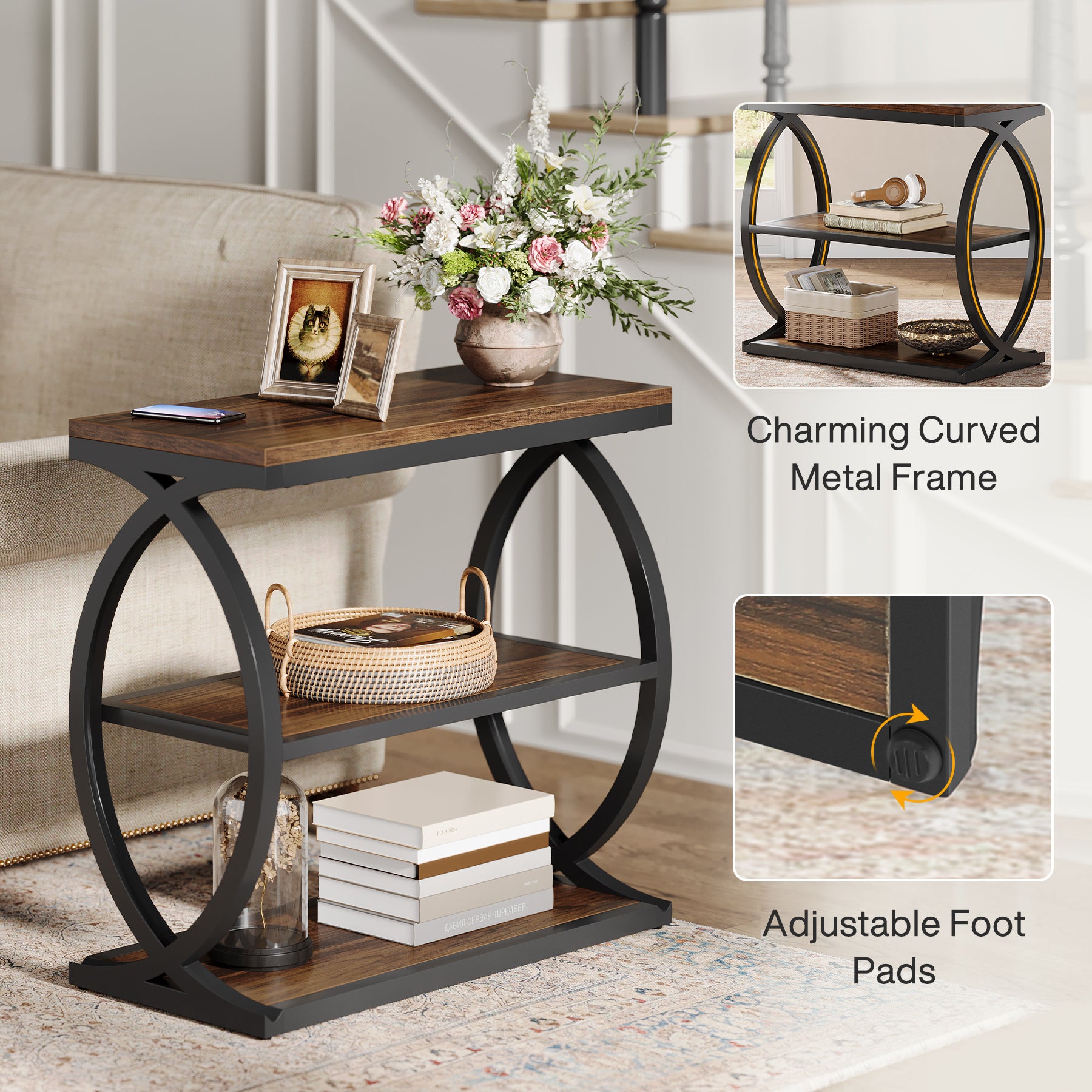 23.62" Rustic Brown Narrow End Table, 3-Tier Industrial Wood & Metal Side Table for Small Space